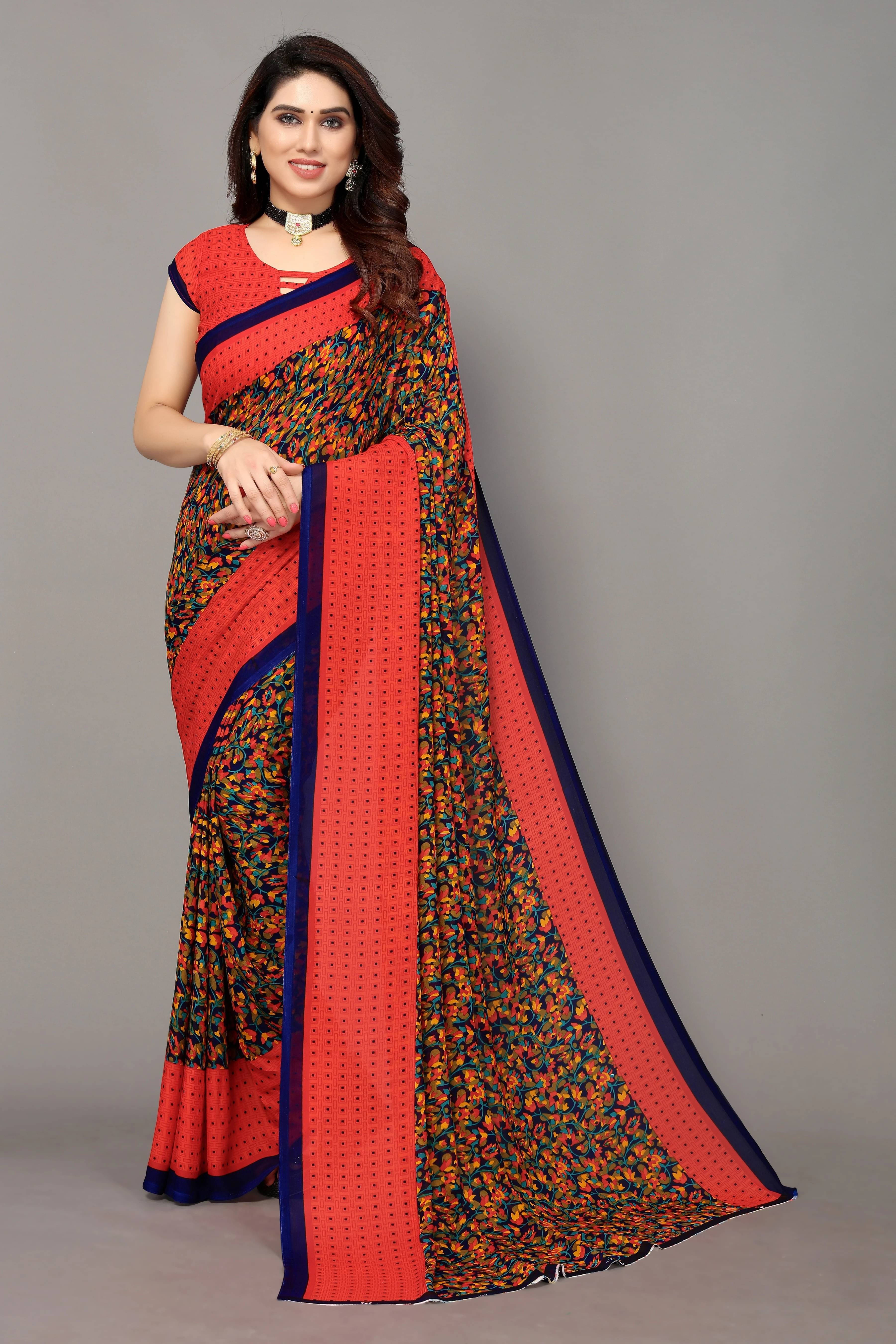 Yashika Georgette Printed Regular Saree With Unstitched Blouse Piece ( Red ) Yashika Georgette Printed Regular Saree With Unstitched Blouse Piece ( Red )