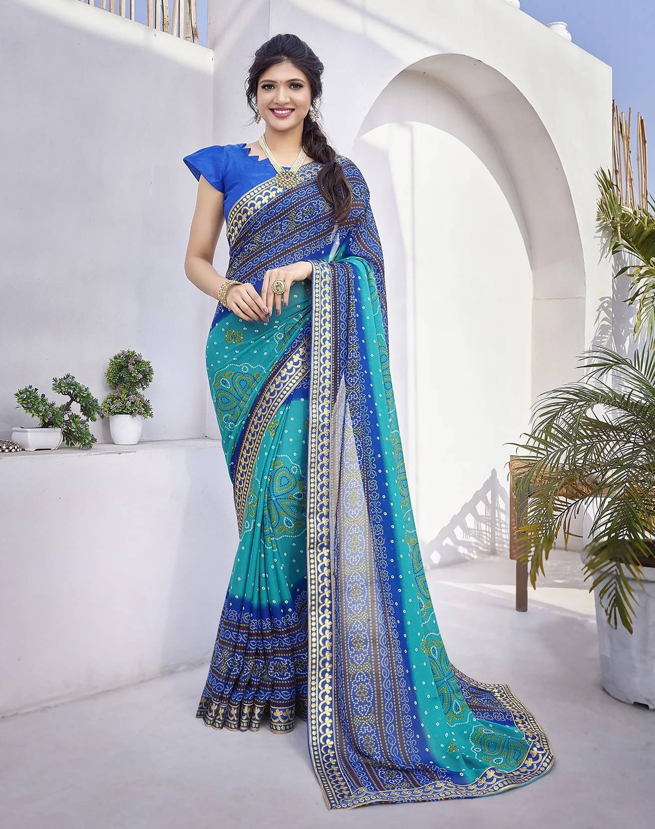 Yashika Georgette Printed Regular Saree With Unstitched Blouse Piece ( Blue )     			Yashika Georgette Printed Regular Saree With Unstitched Blouse Piece ( Blue )