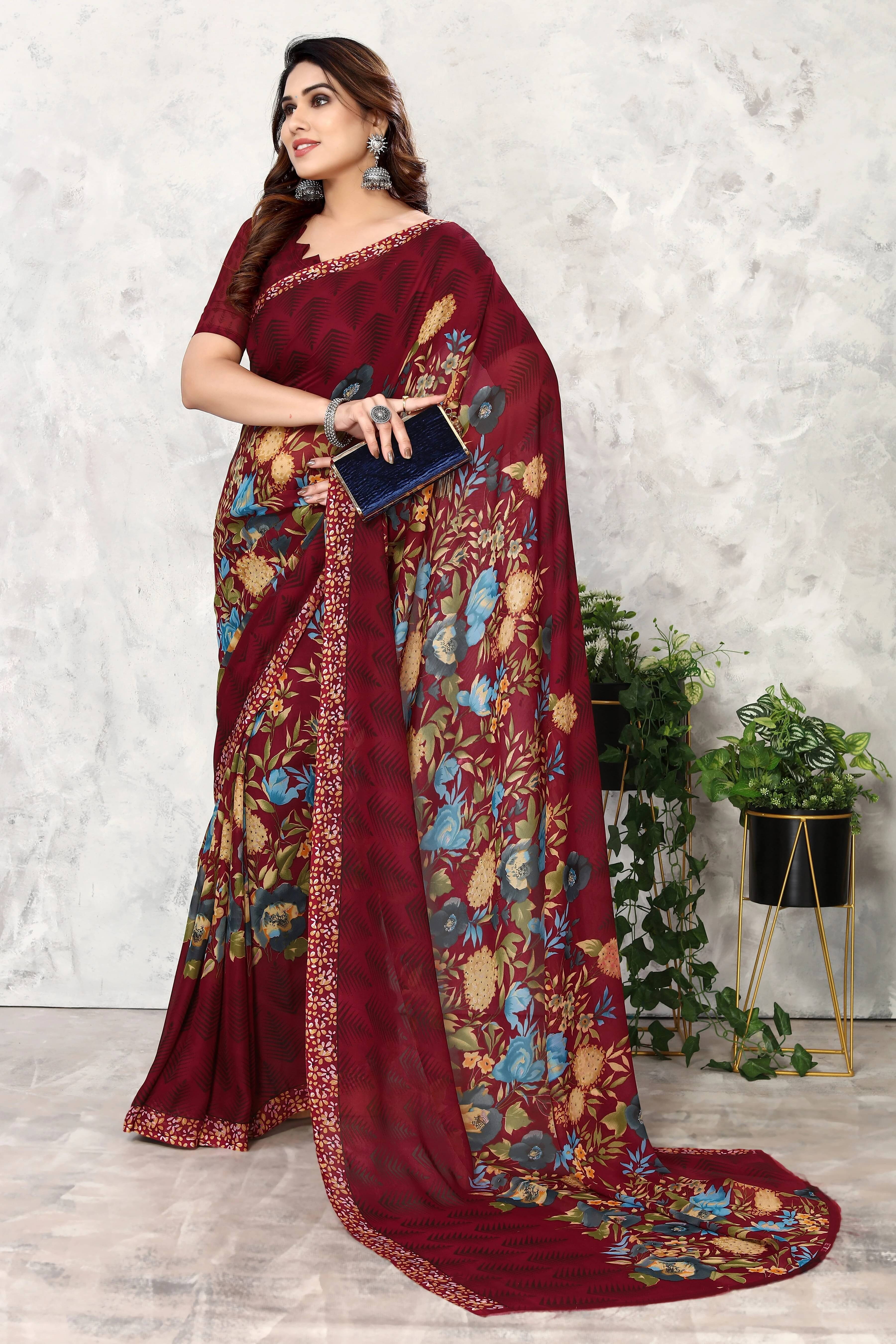 Yashika Georgette Printed Regular Saree With Unstitched Blouse Piece ( Maroon ) Yashika Georgette Printed Regular Saree With Unstitched Blouse Piece ( Maroon )