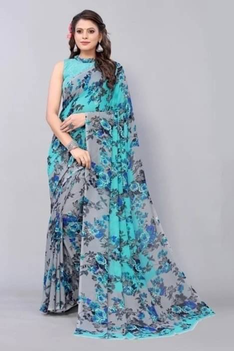 Yashika Georgette Printed Regular Saree With Unstitched Blouse Piece ( Blue ) Yashika Georgette Printed Regular Saree With Unstitched Blouse Piece ( Blue )