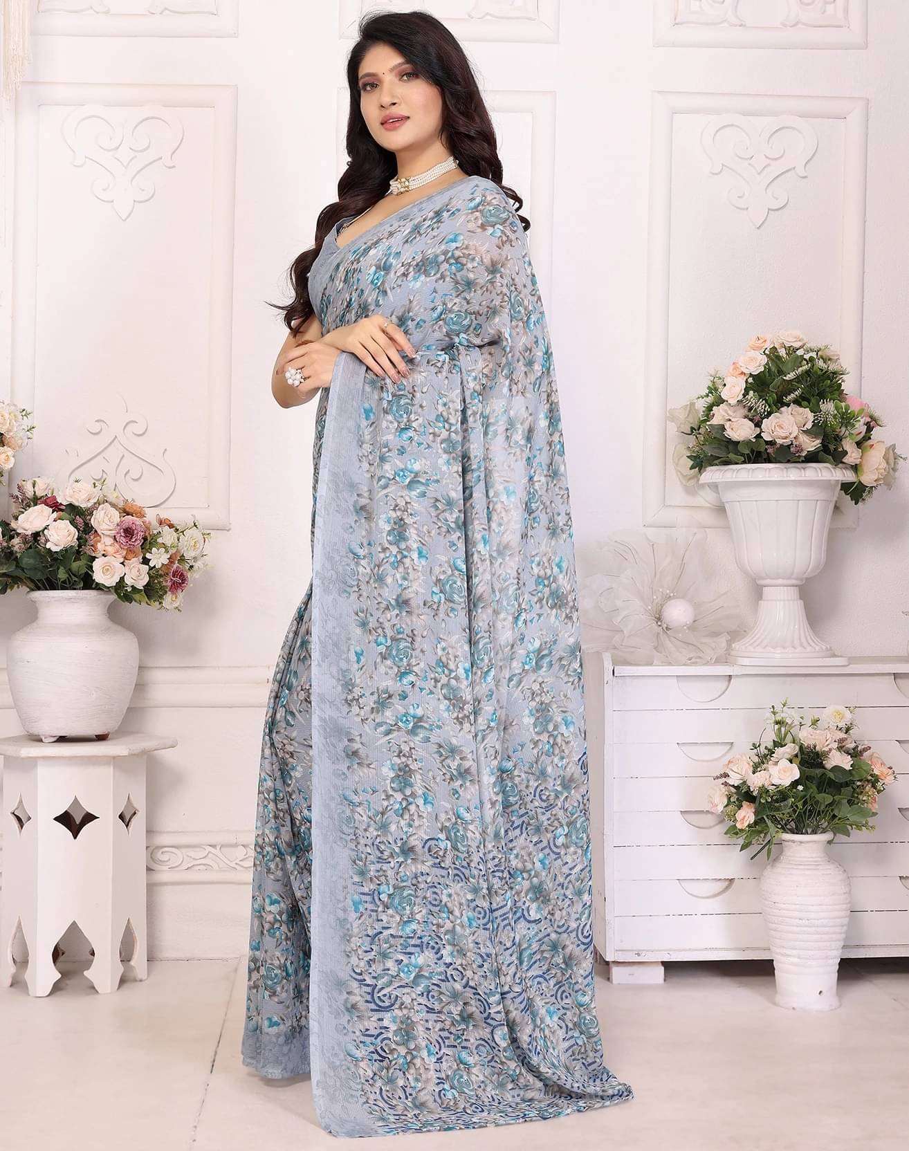 Yashika Georgette Printed Regular Saree With Unstitched Blouse Piece ( Grey ) Yashika Georgette Printed Regular Saree With Unstitched Blouse Piece ( Grey )