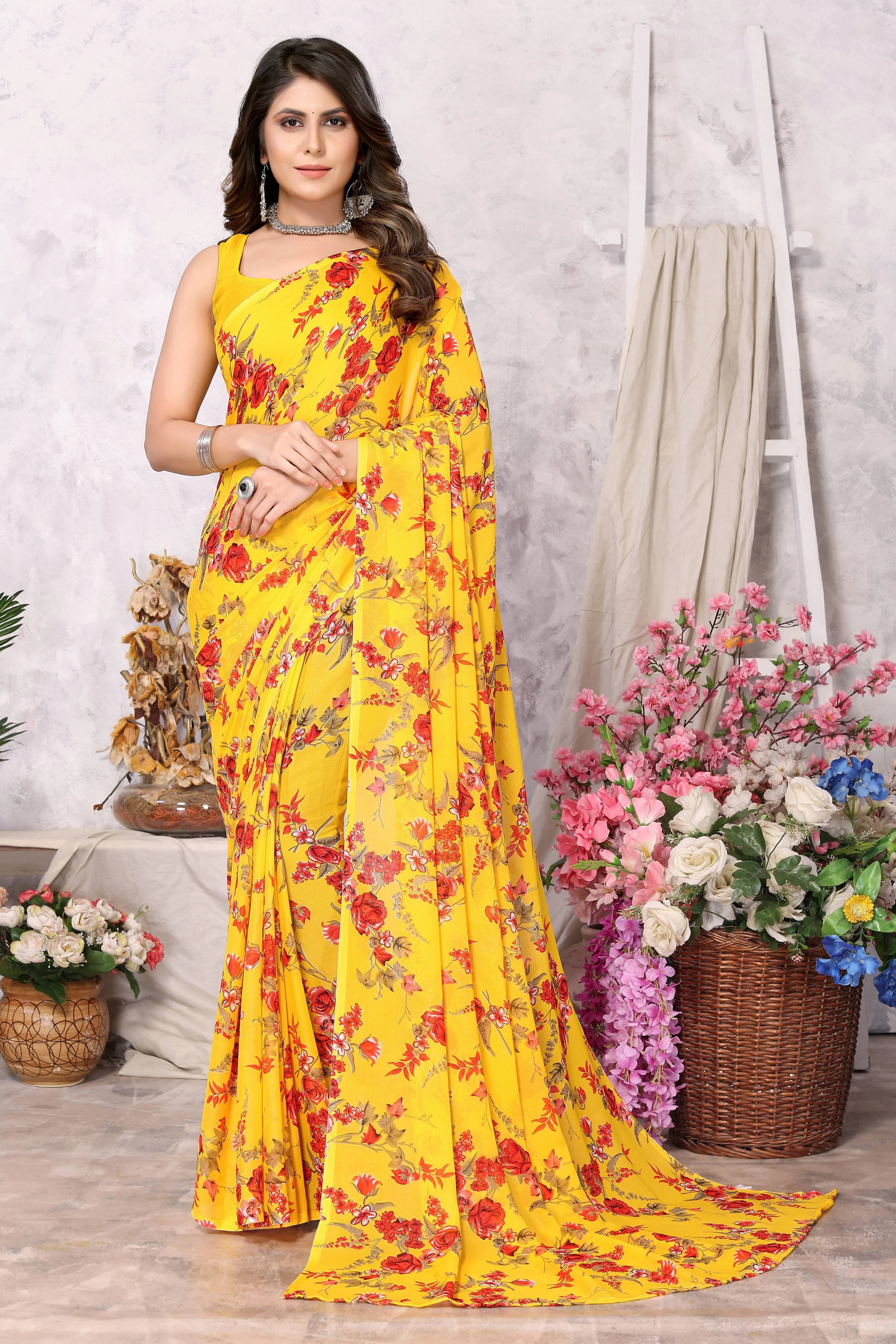     			Yashika Georgette Printed Regular Saree With Unstitched Blouse Piece ( Yellow )