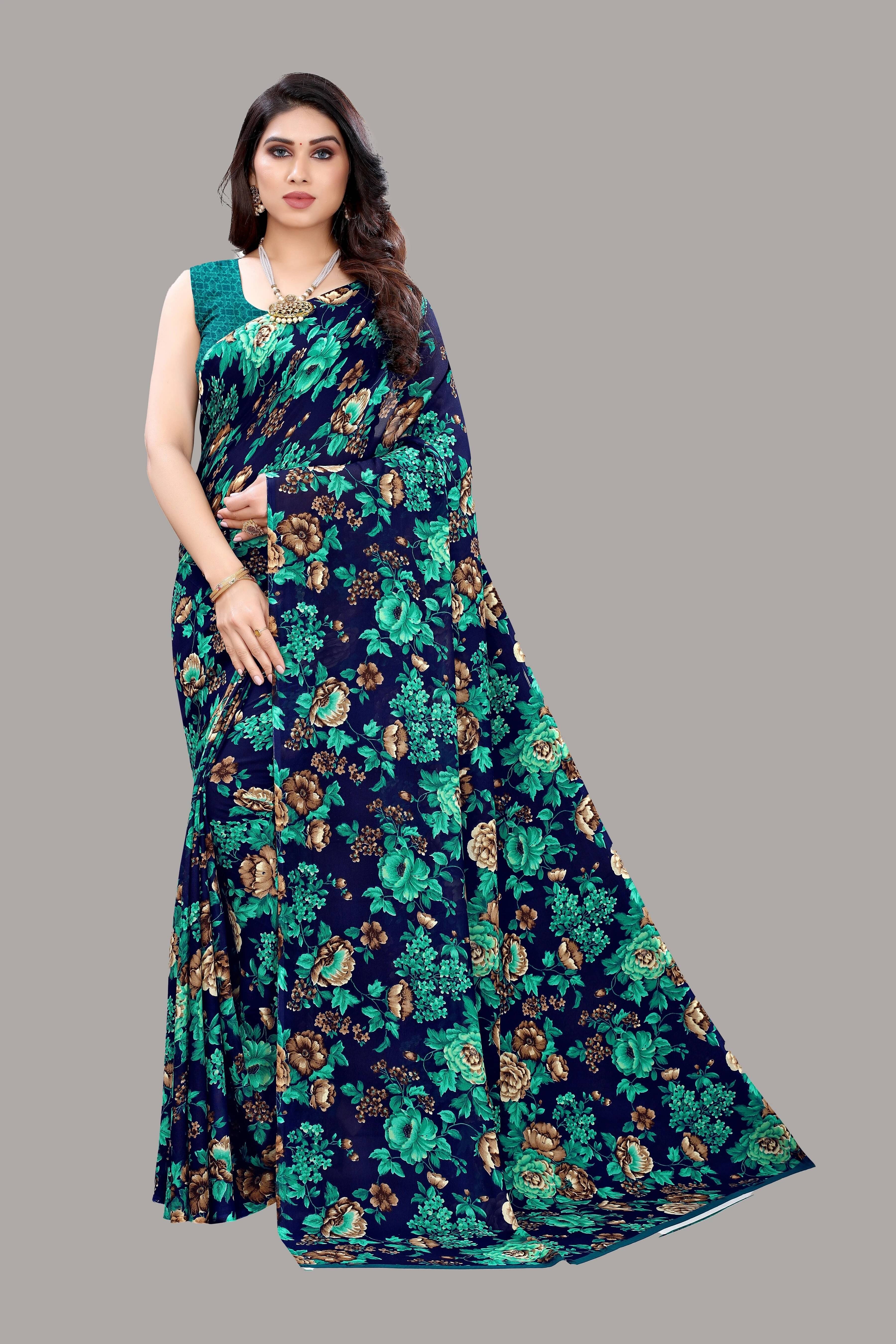 Yashika Georgette Printed Regular Saree With Unstitched Blouse Piece ( Blue ) Yashika Georgette Printed Regular Saree With Unstitched Blouse Piece ( Blue )