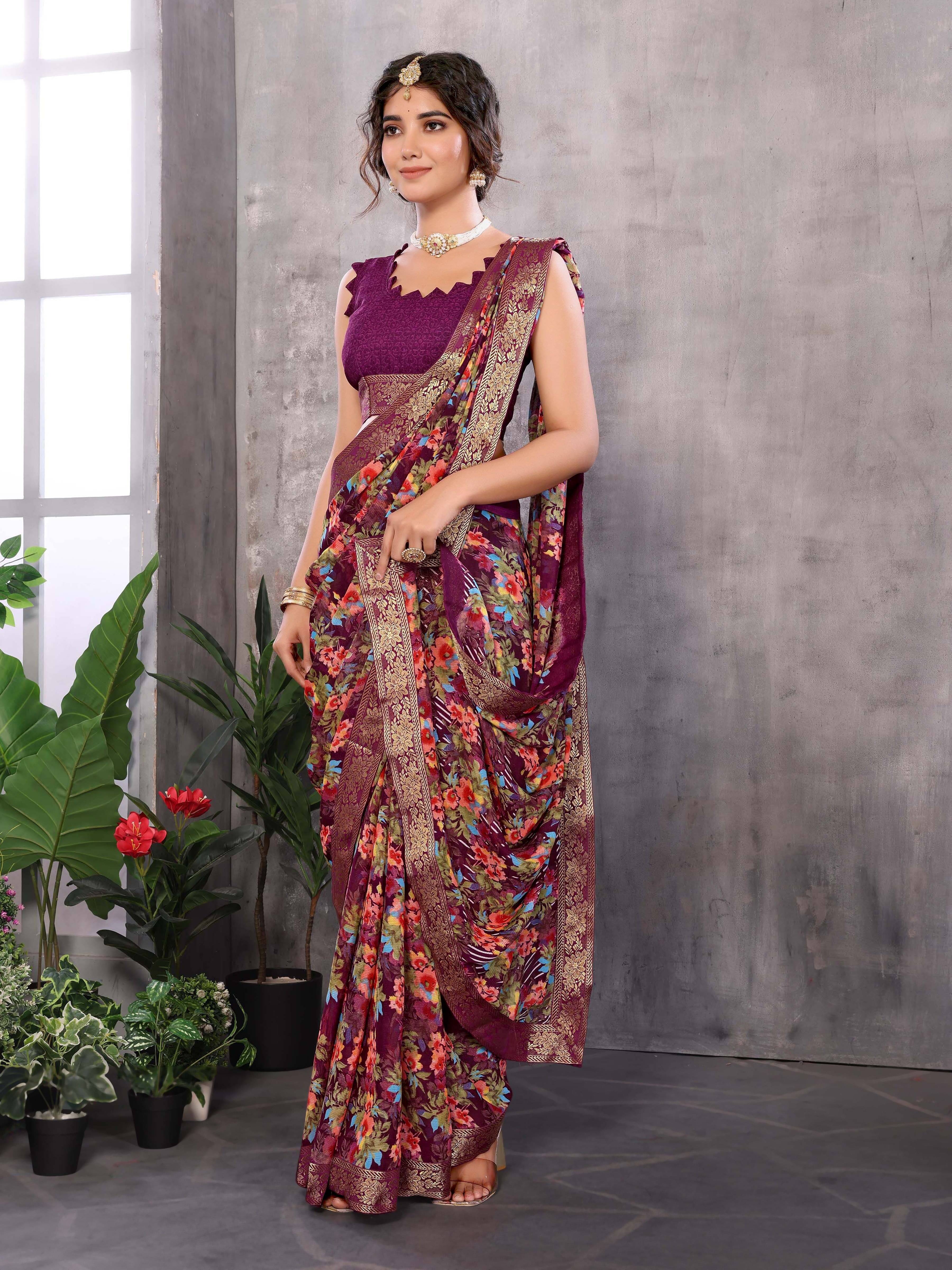 Yashika Georgette Printed Regular Saree With Unstitched Blouse Piece ( Purple ) Yashika Georgette Printed Regular Saree With Unstitched Blouse Piece ( Purple )