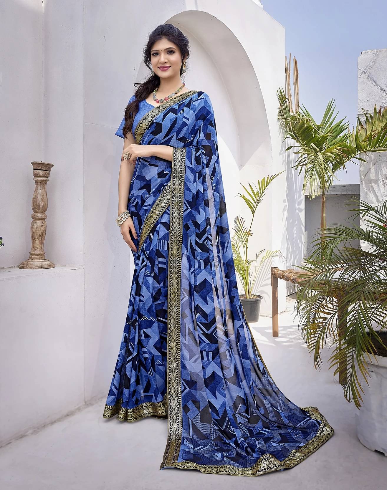Yashika Georgette Printed Regular Saree With Unstitched Blouse Piece ( Blue ) Yashika Georgette Printed Regular Saree With Unstitched Blouse Piece ( Blue )