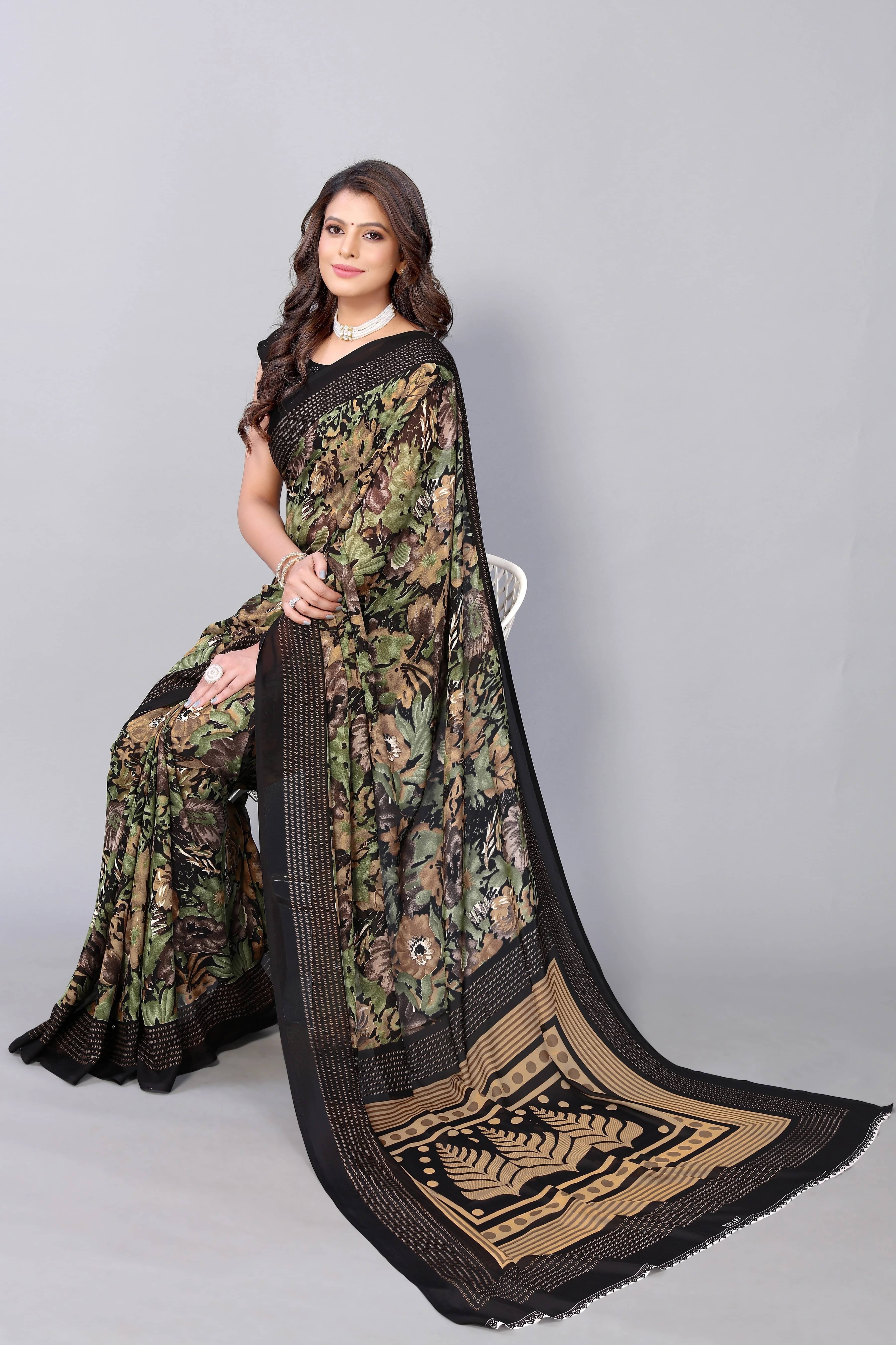     			Yashika Georgette Printed Regular Saree With Unstitched Blouse Piece ( Black )