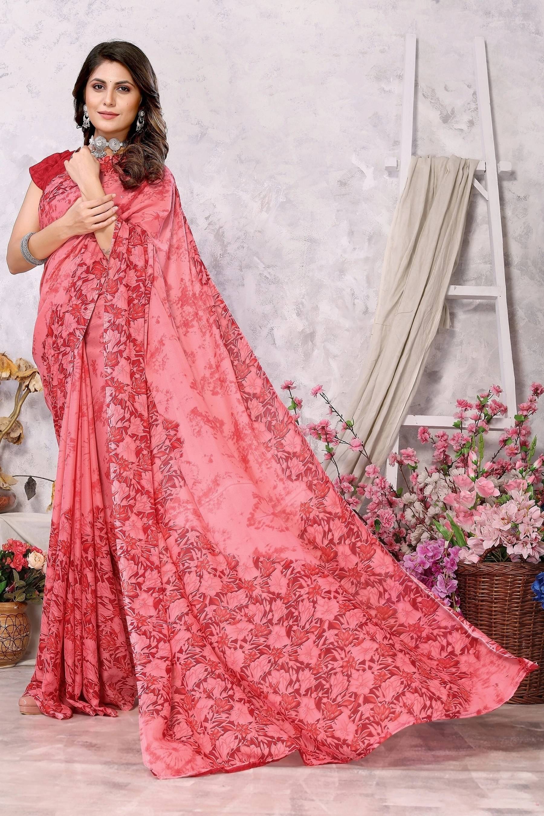 Yashika Georgette Printed Regular Saree With Unstitched Blouse Piece ( Pink ) Yashika Georgette Printed Regular Saree With Unstitched Blouse Piece ( Pink )