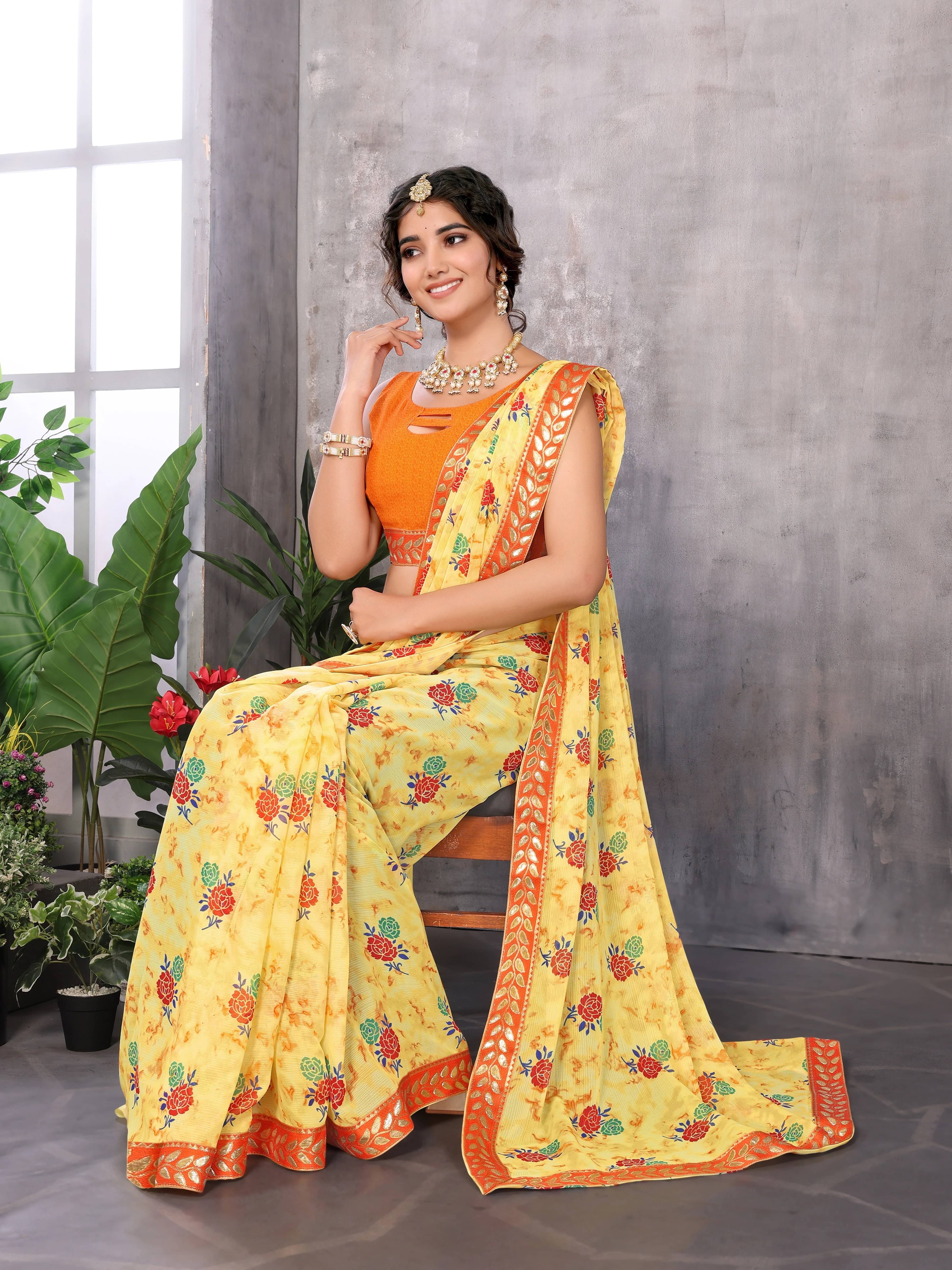     			Yashika Georgette Printed Regular Saree With Unstitched Blouse Piece ( Yellow )