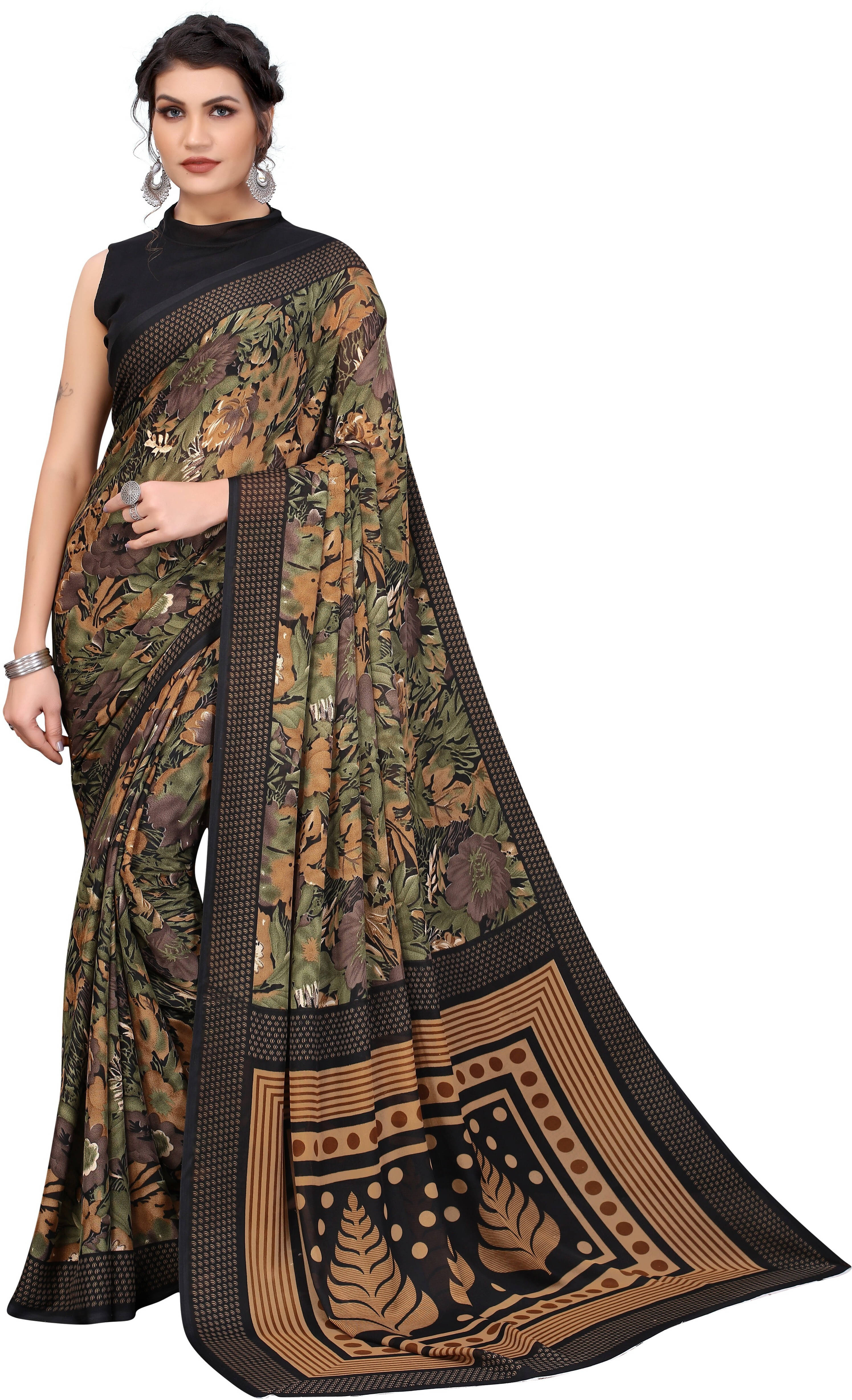     			Yashika Georgette Printed Regular Saree With Unstitched Blouse Piece ( Black )