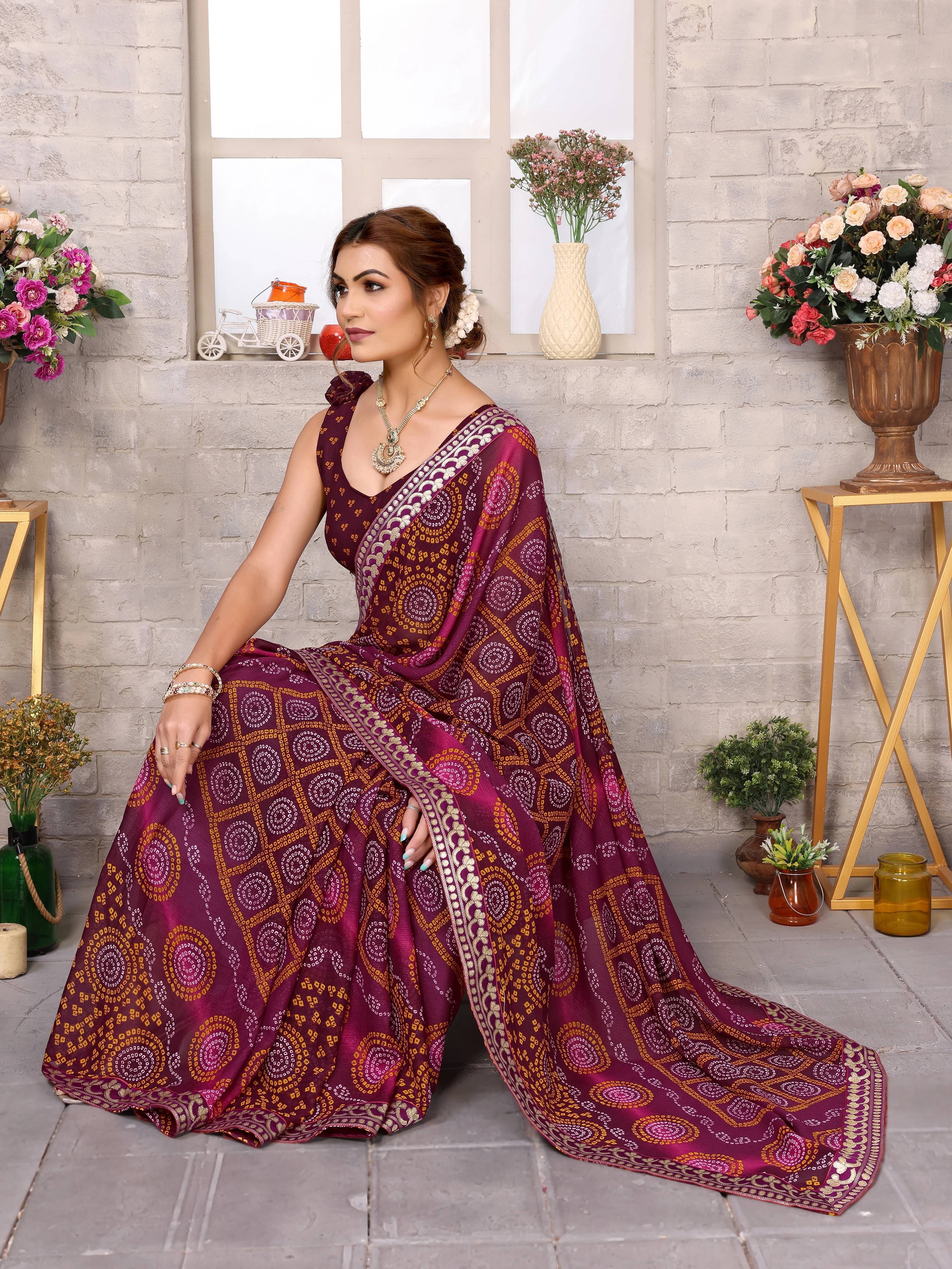     			Yashika Georgette Printed Regular Saree With Unstitched Blouse Piece ( Purple )