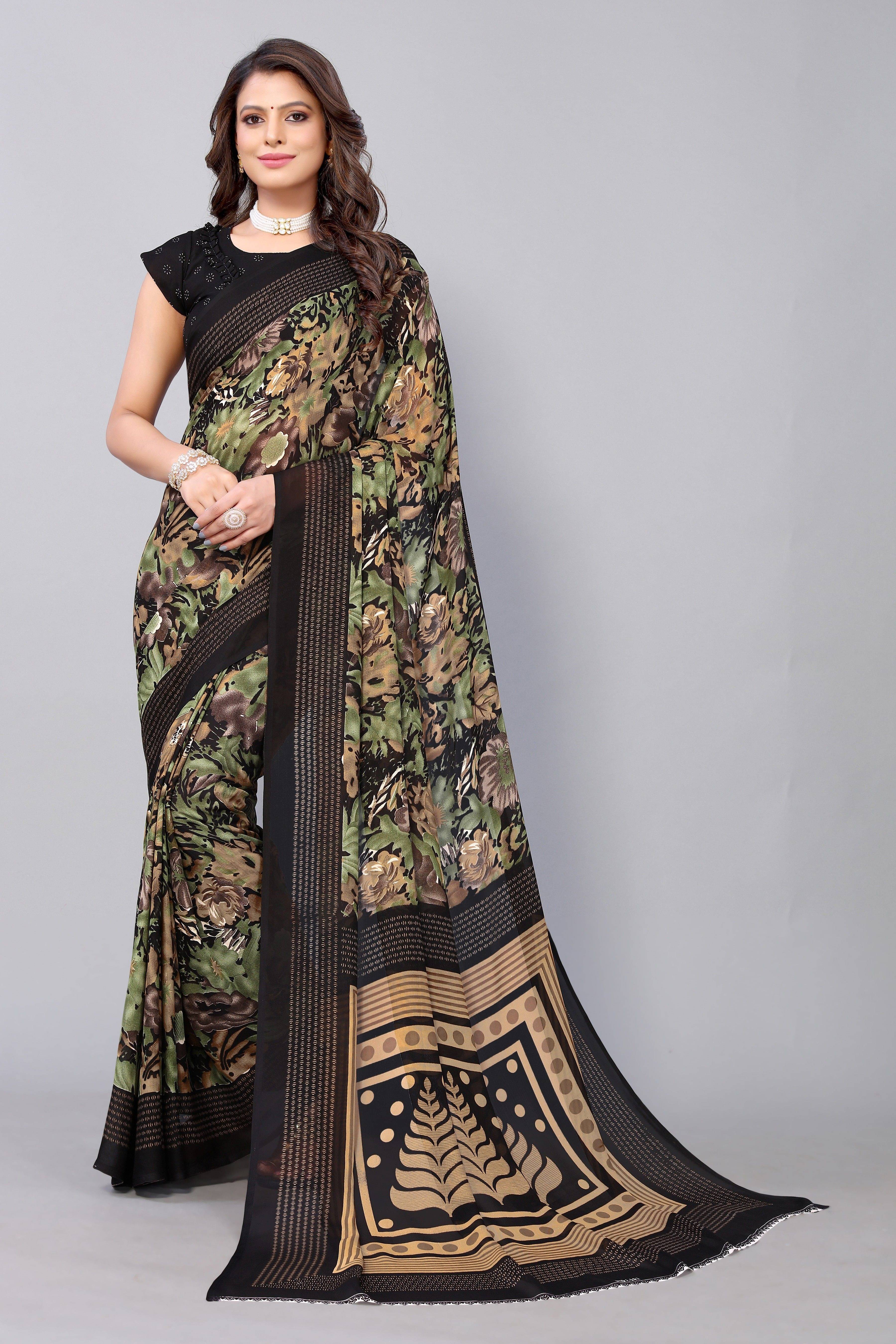 Yashika Georgette Printed Regular Saree With Unstitched Blouse Piece ( Black ) Yashika Georgette Printed Regular Saree With Unstitched Blouse Piece ( Black )