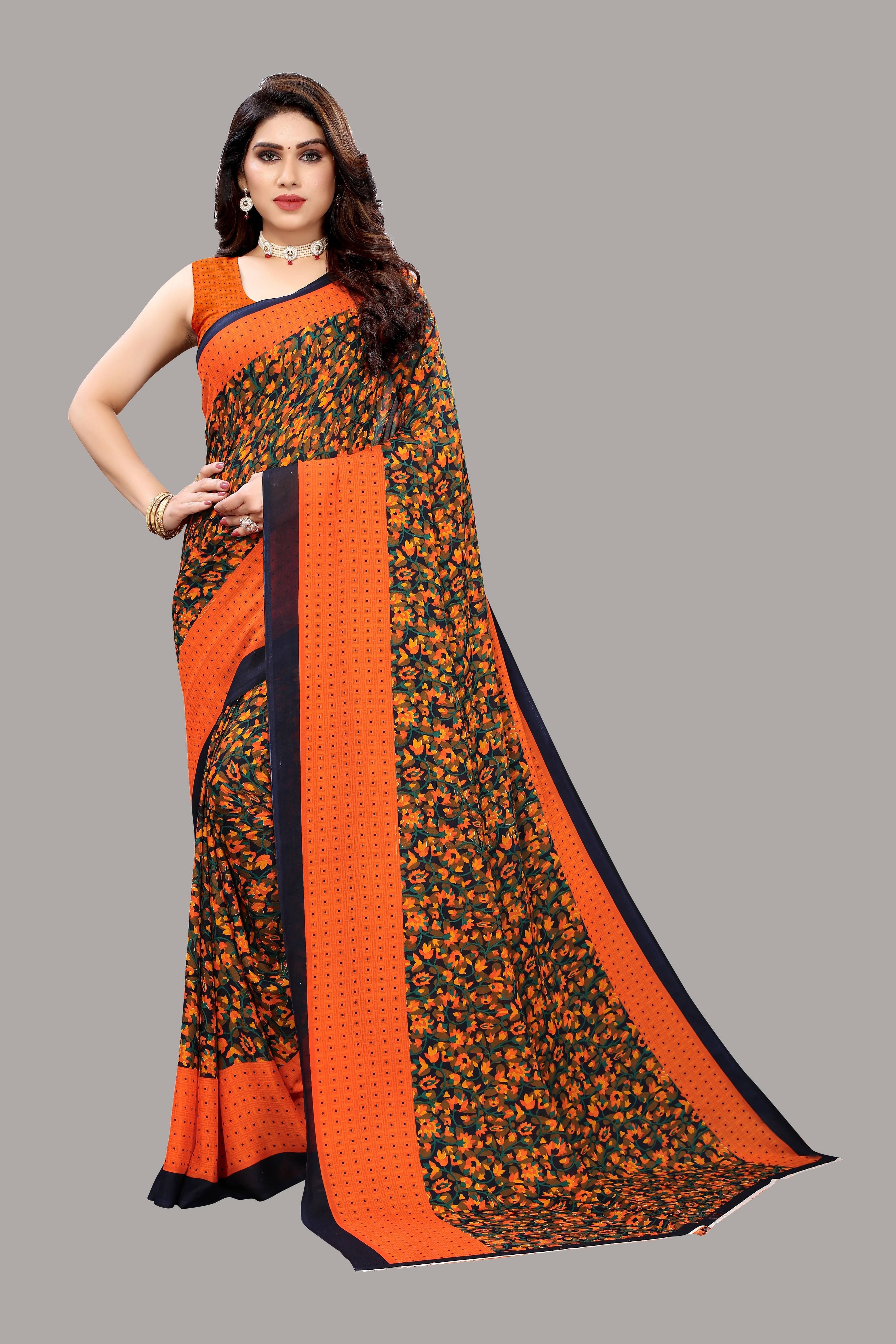 Yashika Georgette Printed Regular Saree With Unstitched Blouse Piece ( Orange )     			Yashika Georgette Printed Regular Saree With Unstitched Blouse Piece ( Orange )