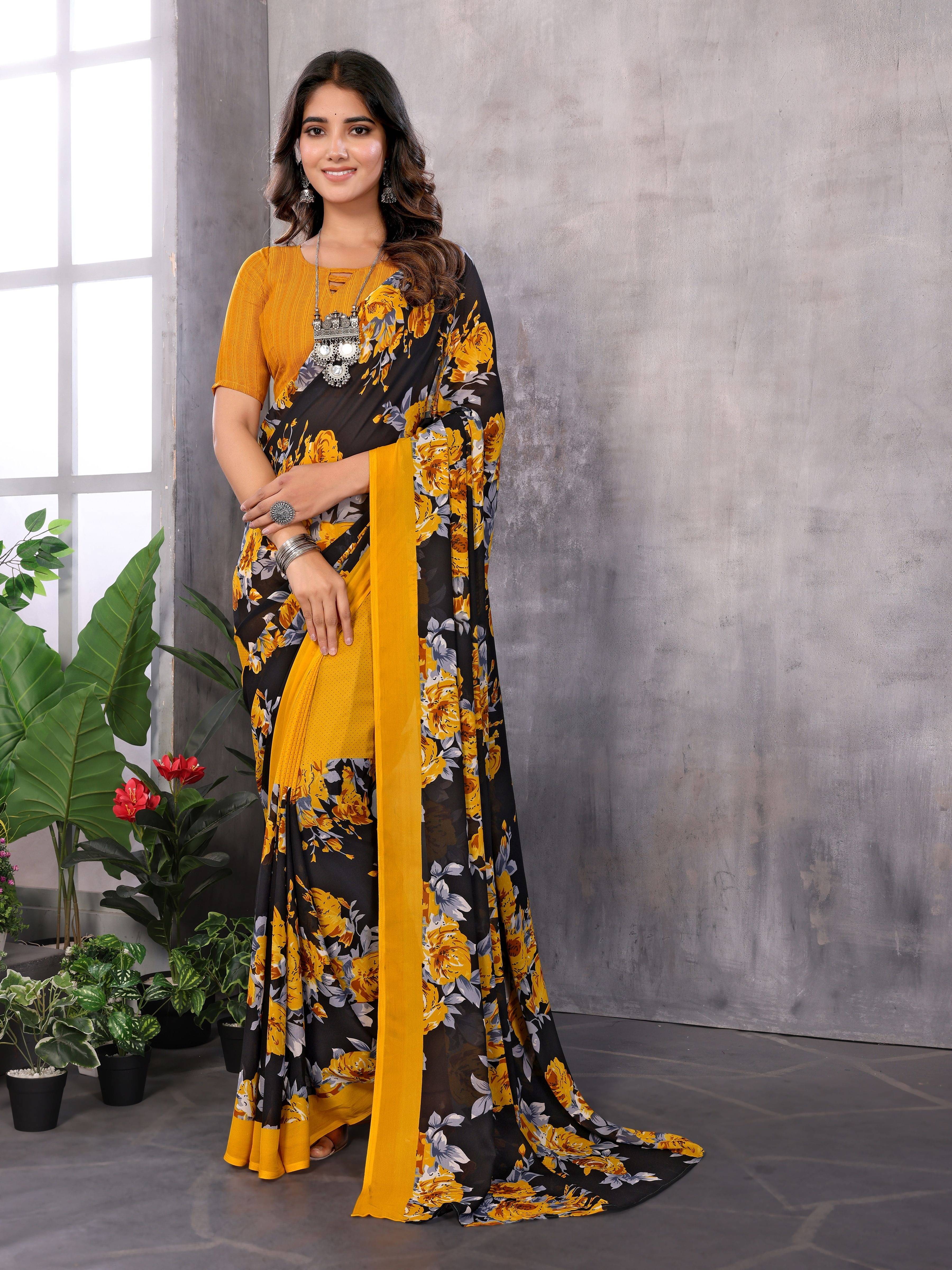     			Yashika Georgette Printed Regular Saree With Unstitched Blouse Piece ( Yellow )