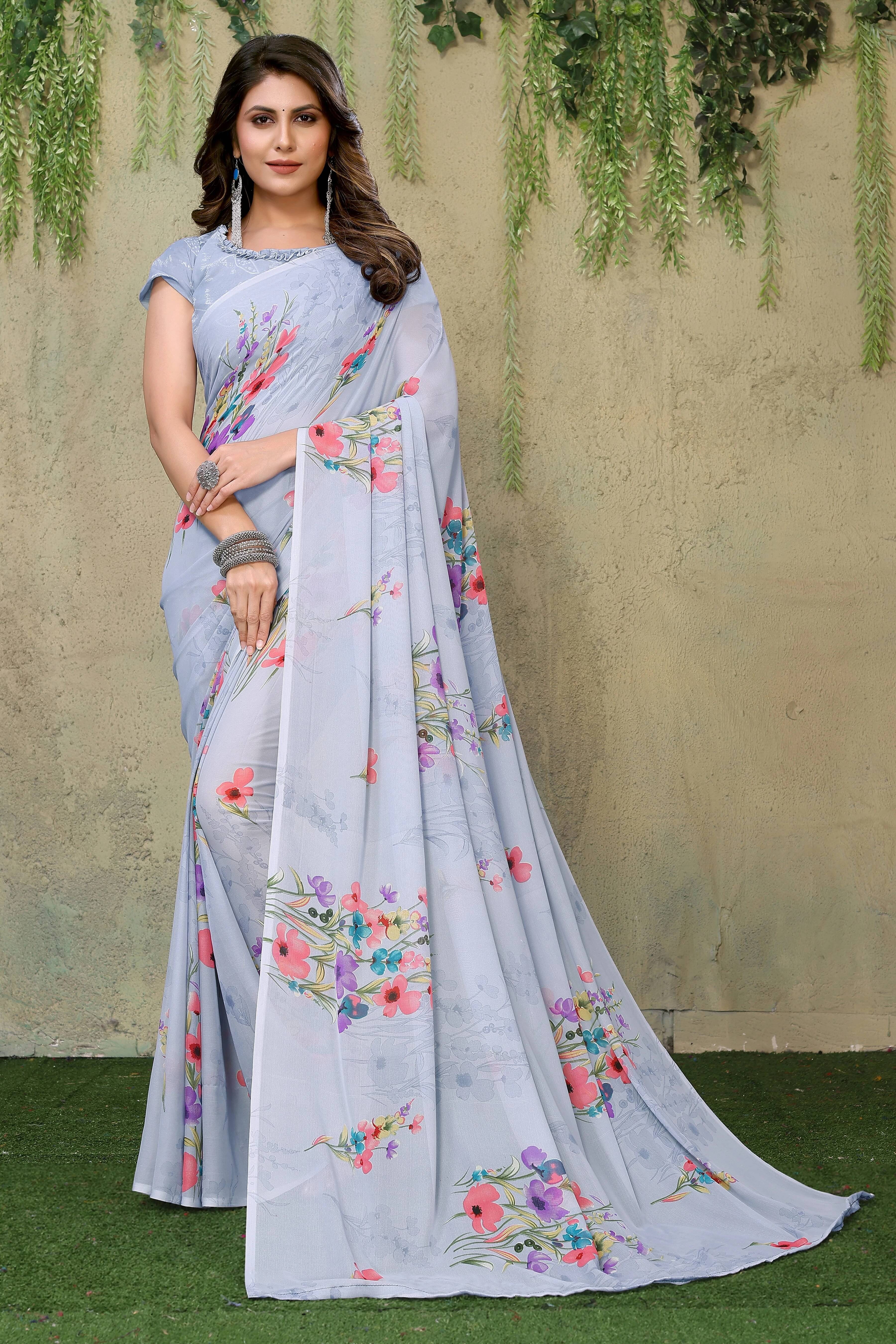 Yashika Georgette Printed Regular Saree With Unstitched Blouse Piece ( Grey ) Yashika Georgette Printed Regular Saree With Unstitched Blouse Piece ( Grey )