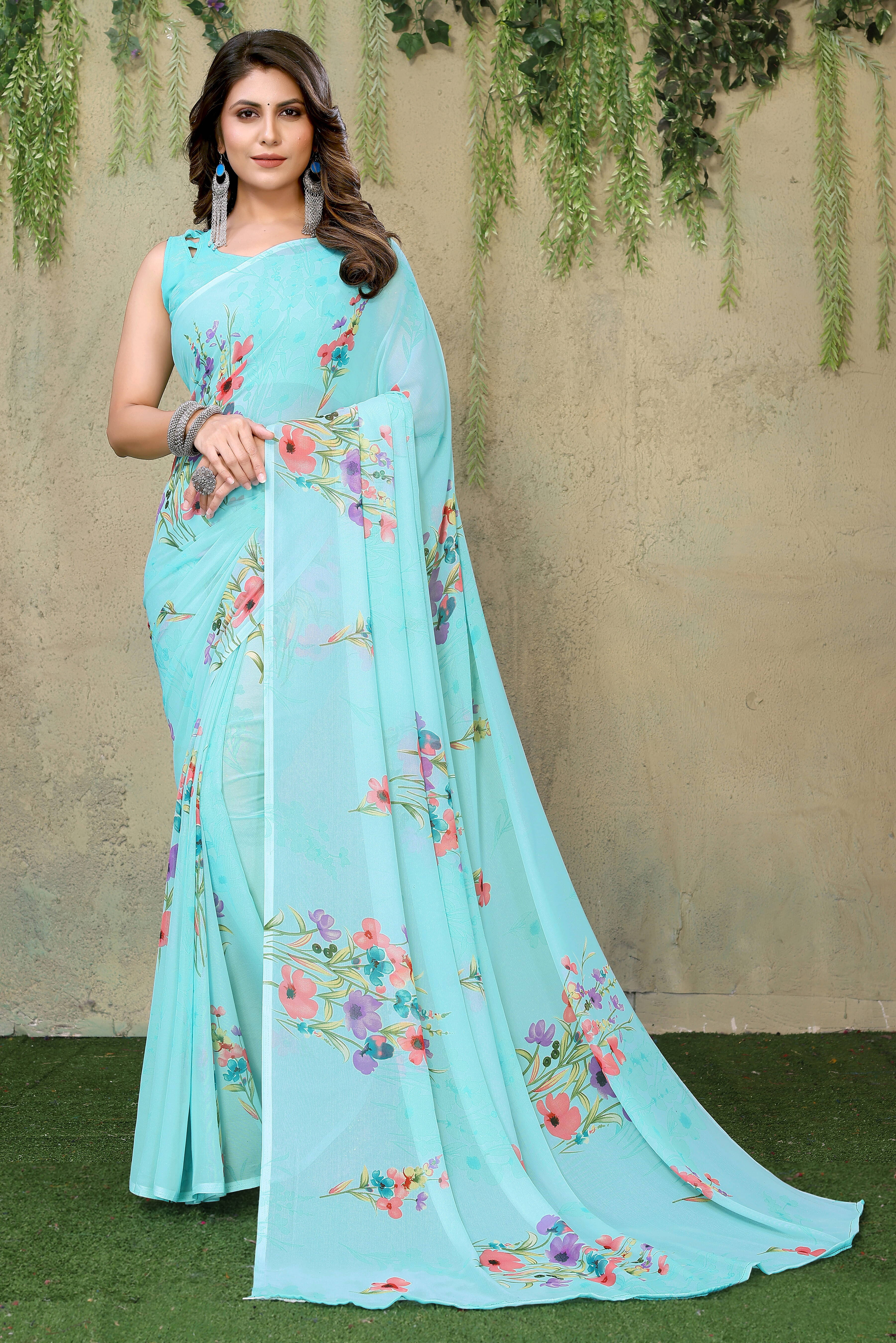 Yashika Georgette Printed Regular Saree With Unstitched Blouse Piece ( Light Blue )     			Yashika Georgette Printed Regular Saree With Unstitched Blouse Piece ( Light Blue )