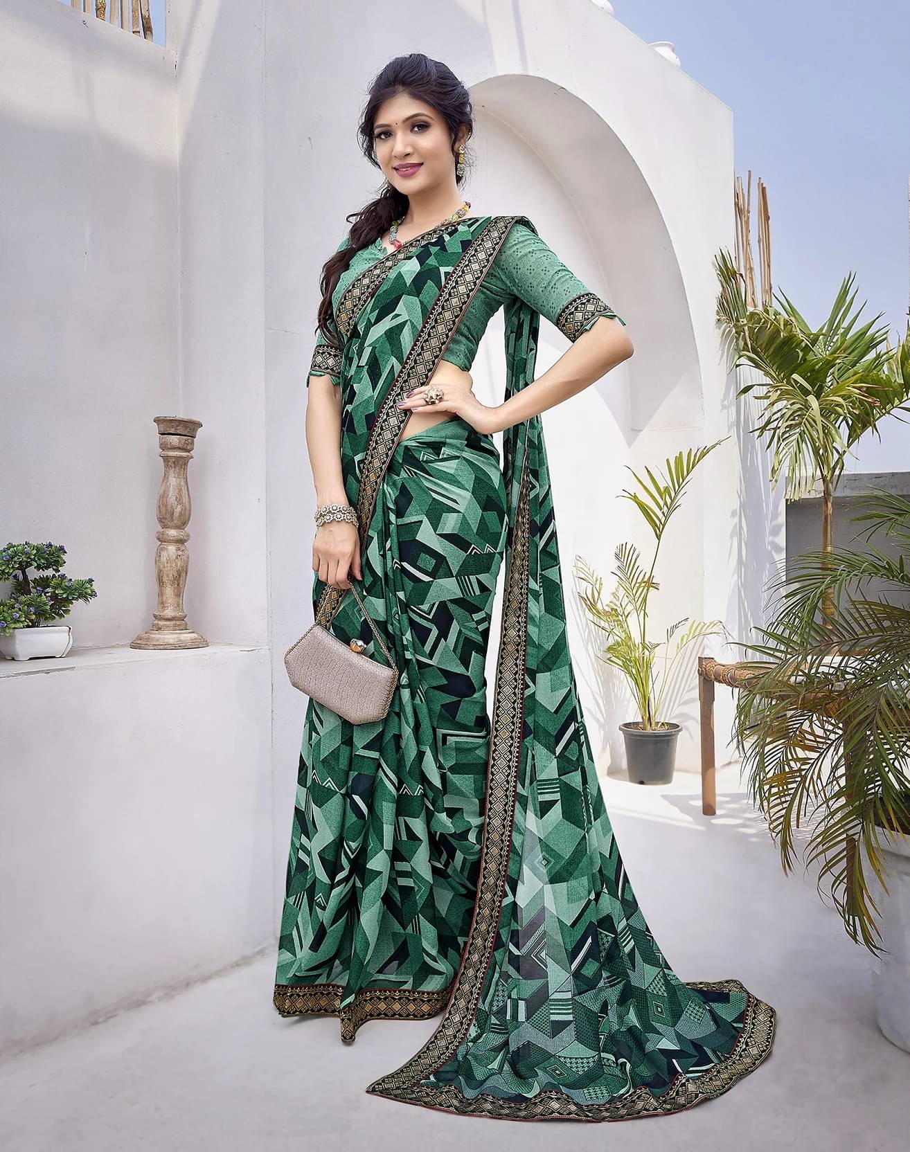 Yashika Georgette Printed Regular Saree With Unstitched Blouse Piece ( Green ) Yashika Georgette Printed Regular Saree With Unstitched Blouse Piece ( Green )