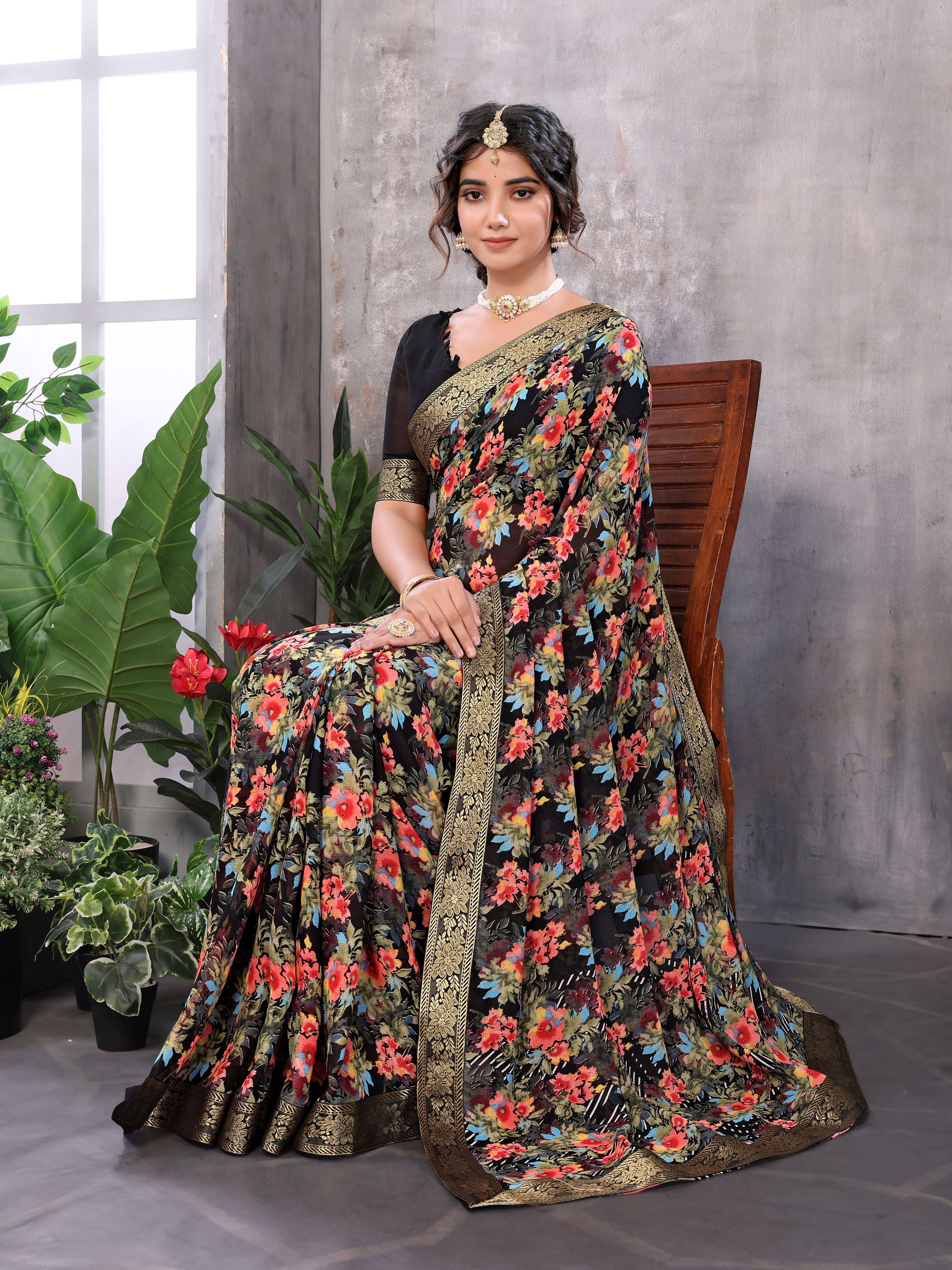     			Yashika Georgette Printed Regular Saree With Unstitched Blouse Piece ( Black )