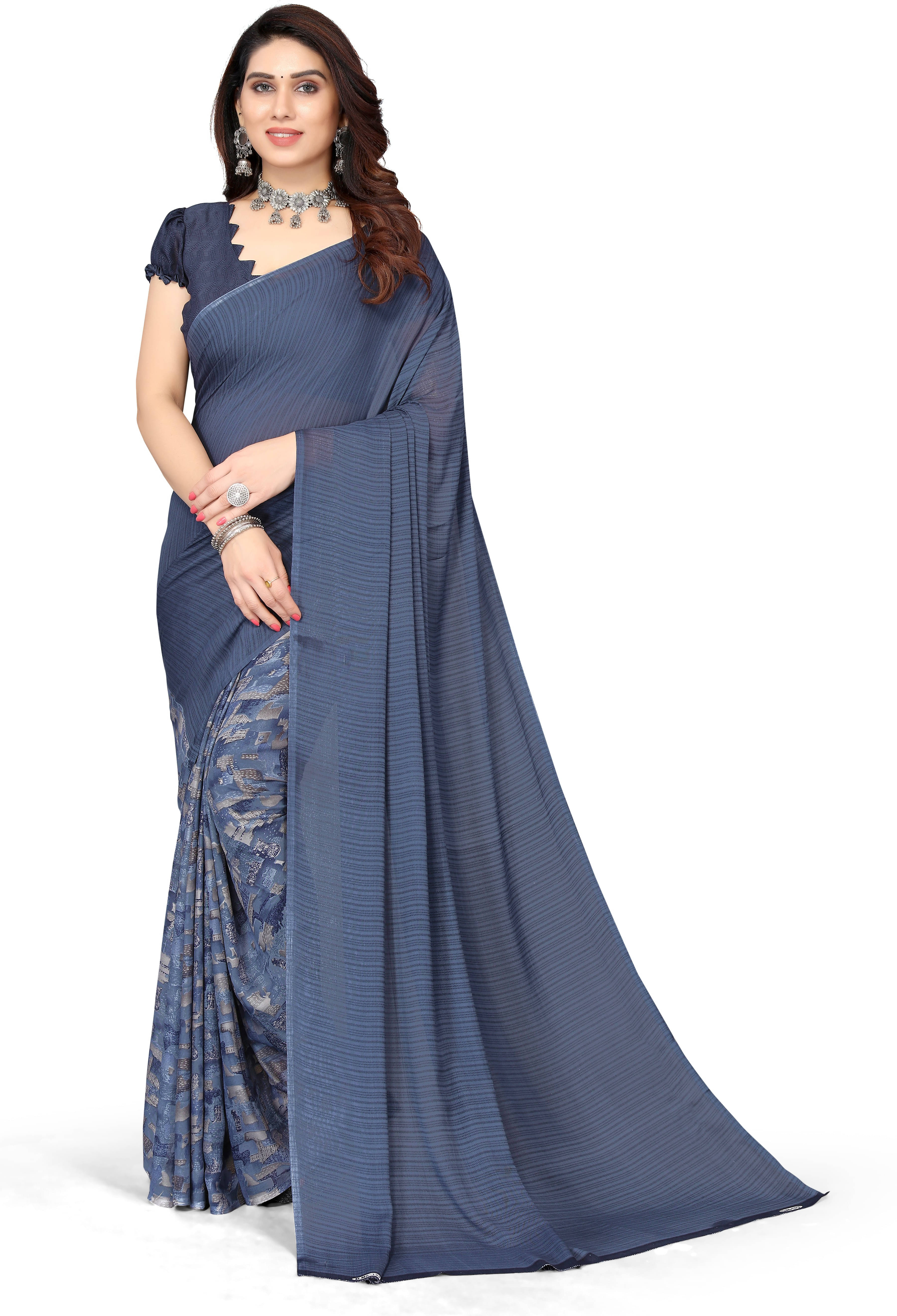     			Yashika Georgette Printed Regular Saree With Unstitched Blouse Piece ( Navy Blue )