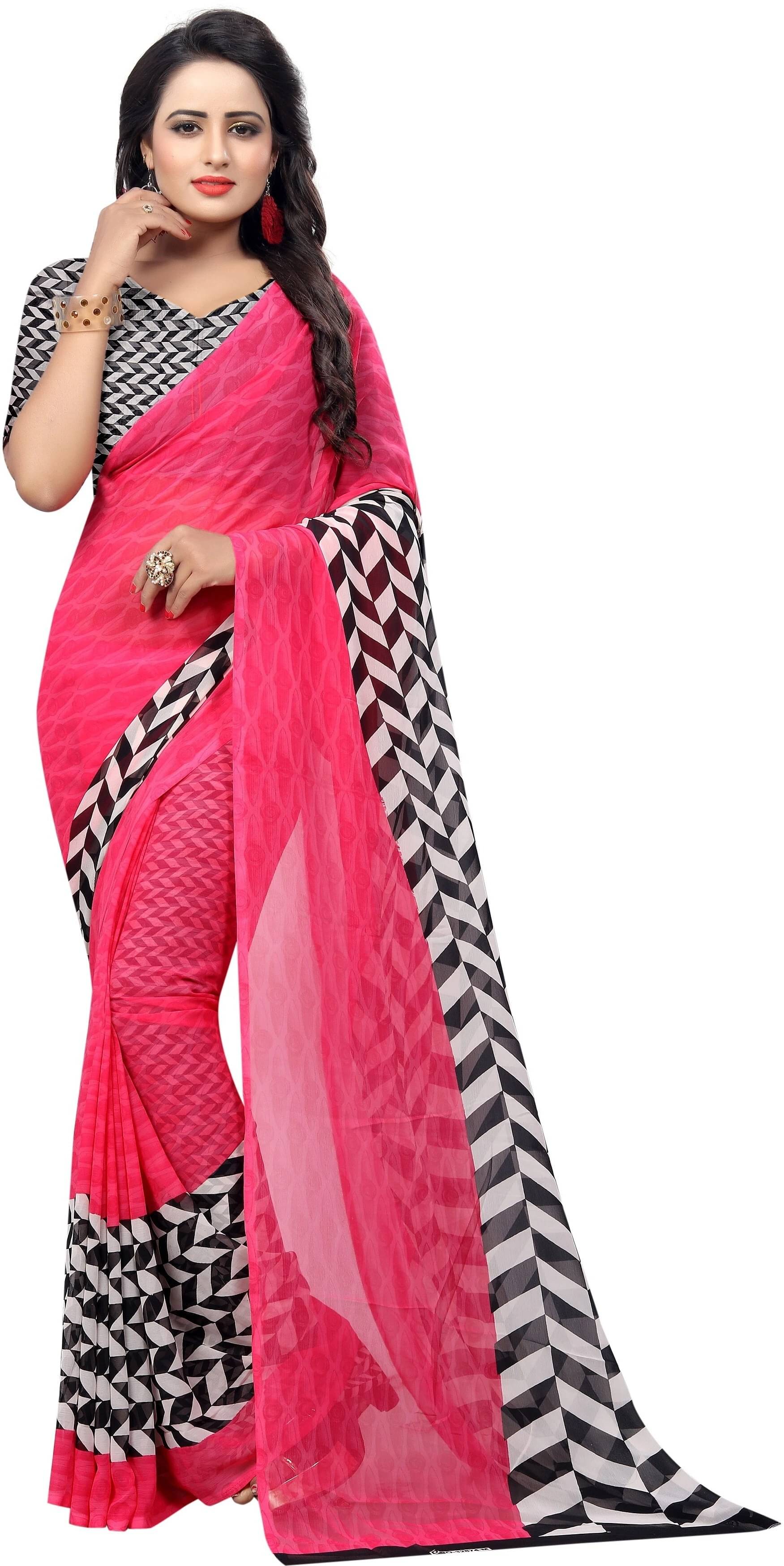 Yashika Georgette Printed Regular Saree With Unstitched Blouse Piece ( Pink ) Yashika Georgette Printed Regular Saree With Unstitched Blouse Piece ( Pink )