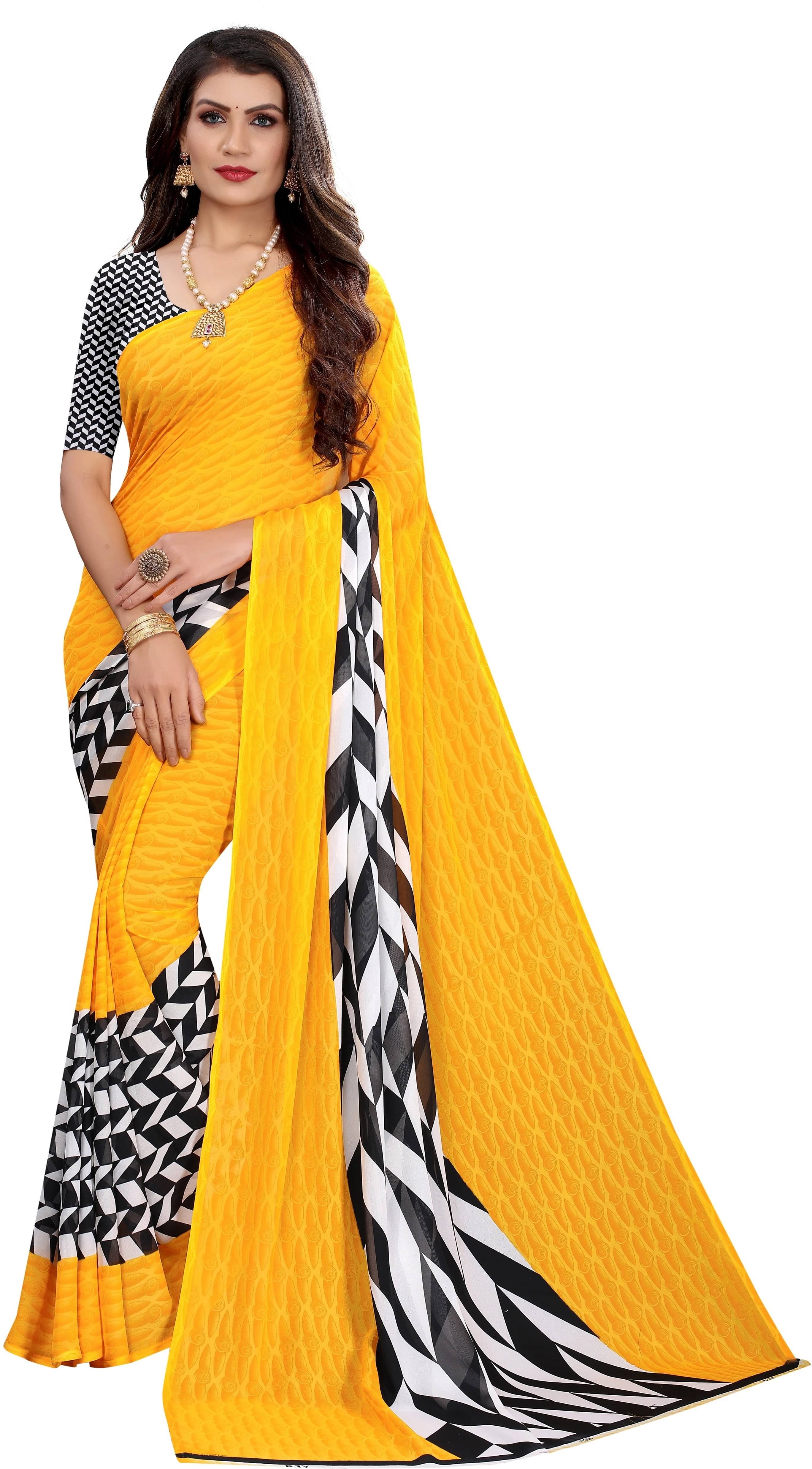 Yashika Georgette Printed Regular Saree With Unstitched Blouse Piece ( Yellow ) Yashika Georgette Printed Regular Saree With Unstitched Blouse Piece ( Yellow )