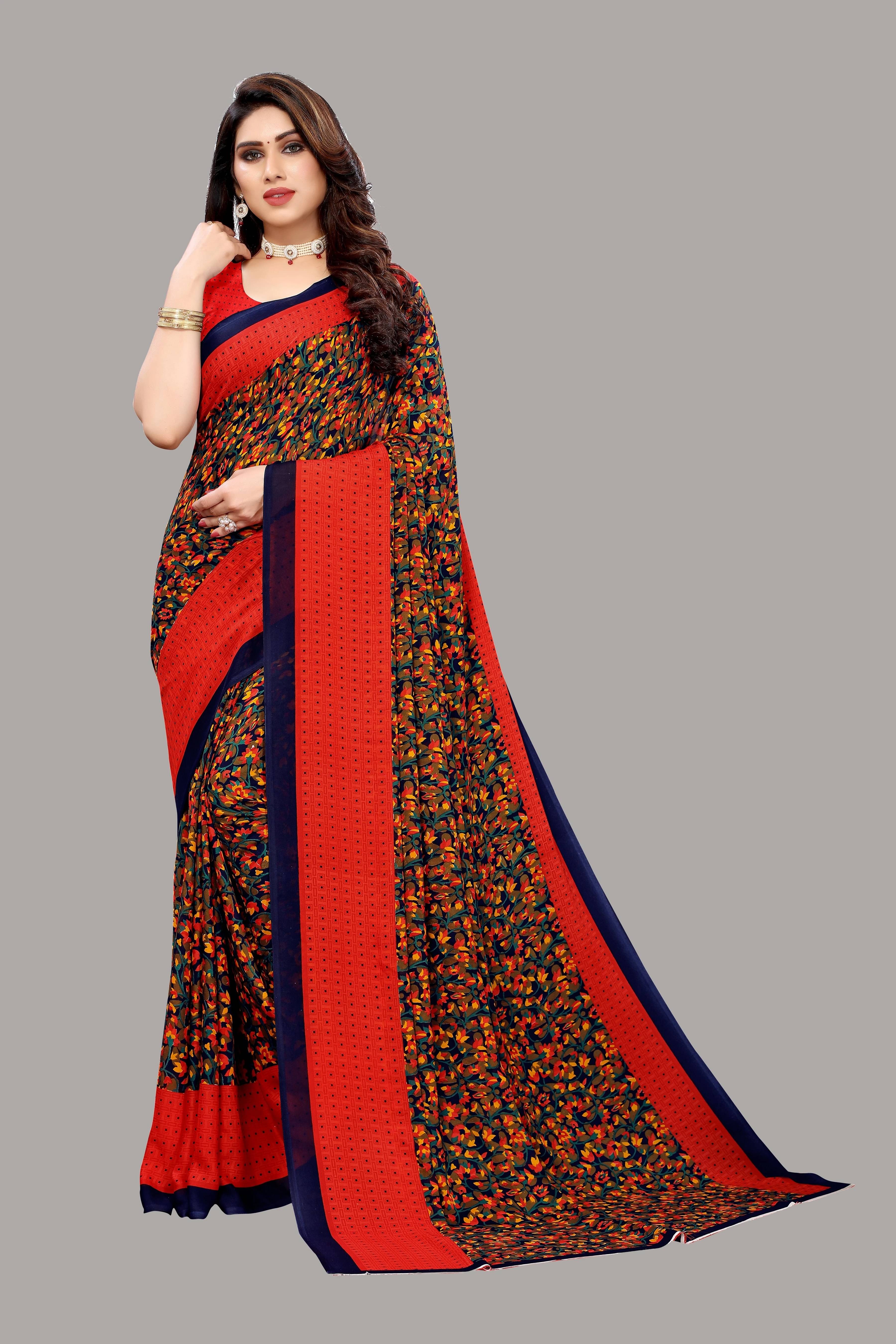     			Yashika Georgette Printed Regular Saree With Unstitched Blouse Piece ( Red )
