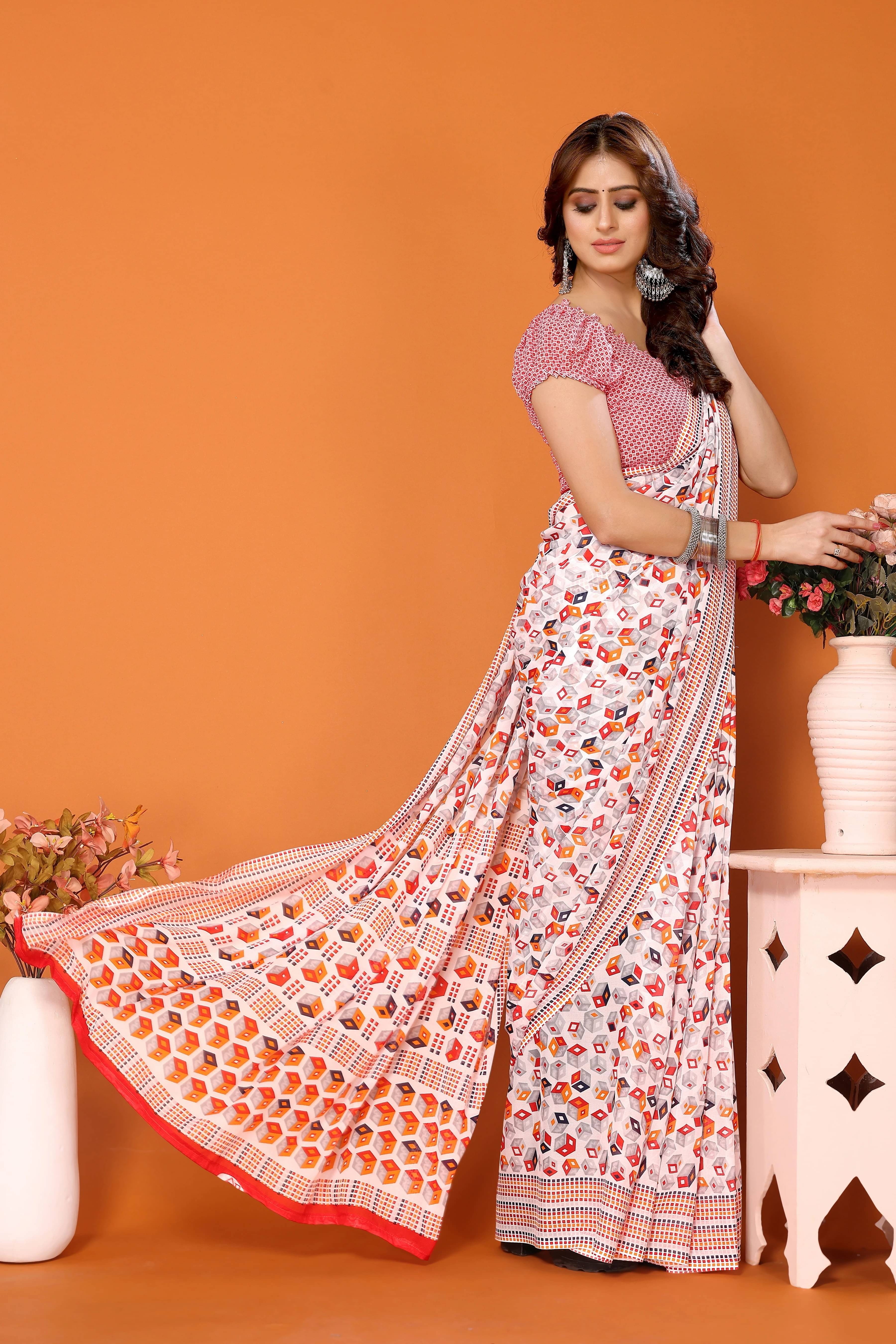     			Yashika Georgette Printed Regular Saree With Unstitched Blouse Piece ( White )