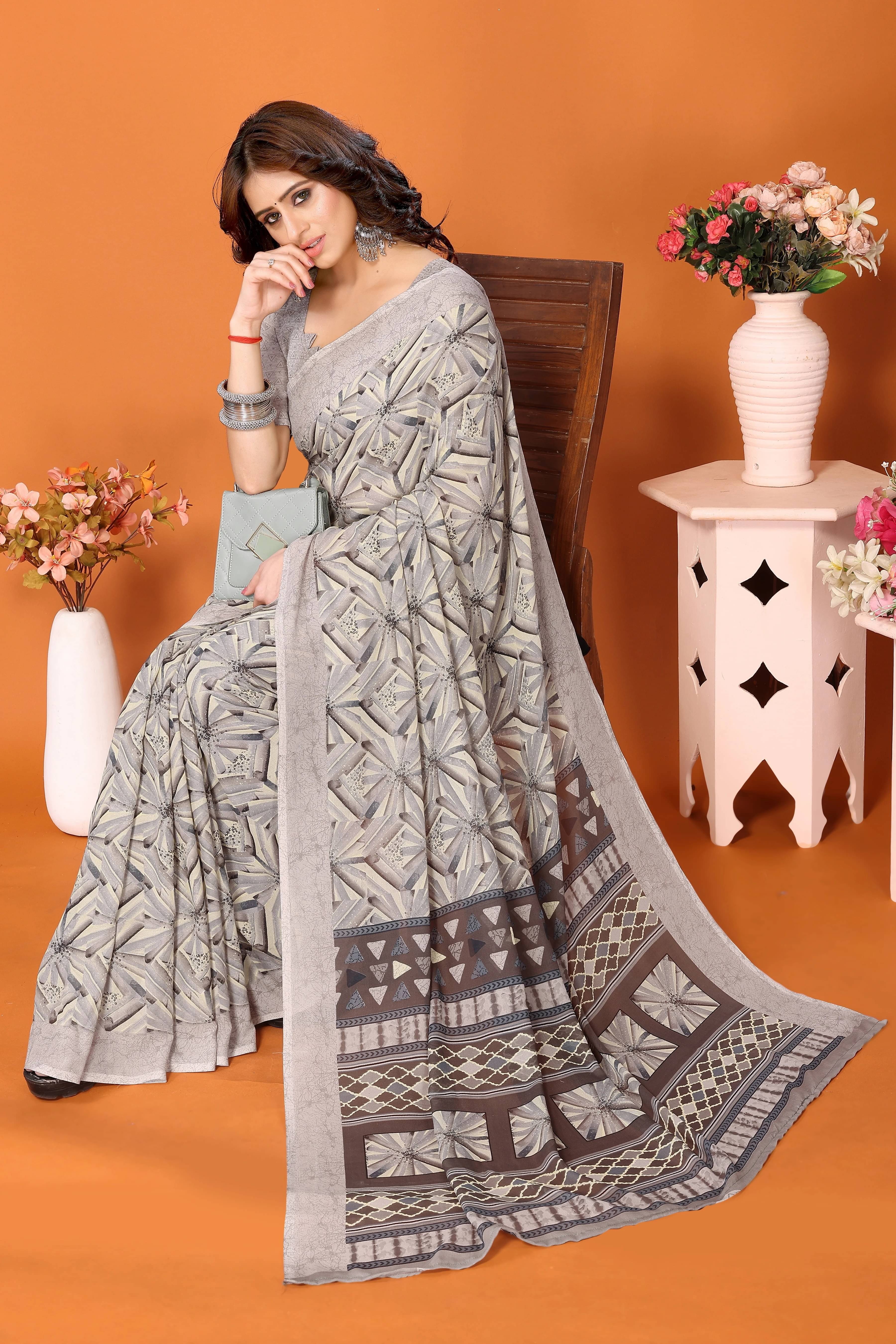 Yashika Georgette Printed Regular Saree With Unstitched Blouse Piece ( Brown ) Yashika Georgette Printed Regular Saree With Unstitched Blouse Piece ( Brown )