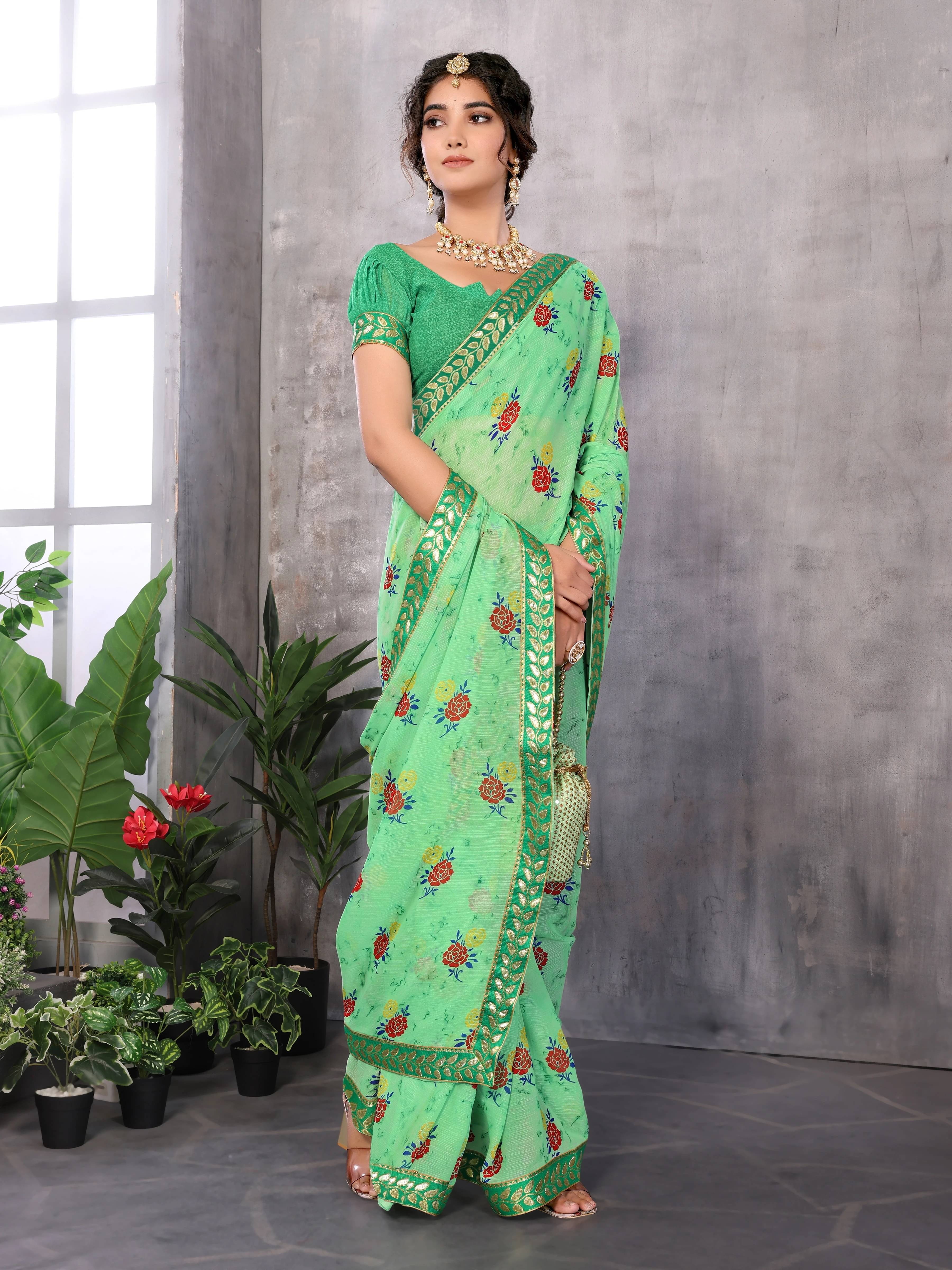 Yashika Georgette Printed Regular Saree With Unstitched Blouse Piece ( Green ) Yashika Georgette Printed Regular Saree With Unstitched Blouse Piece ( Green )