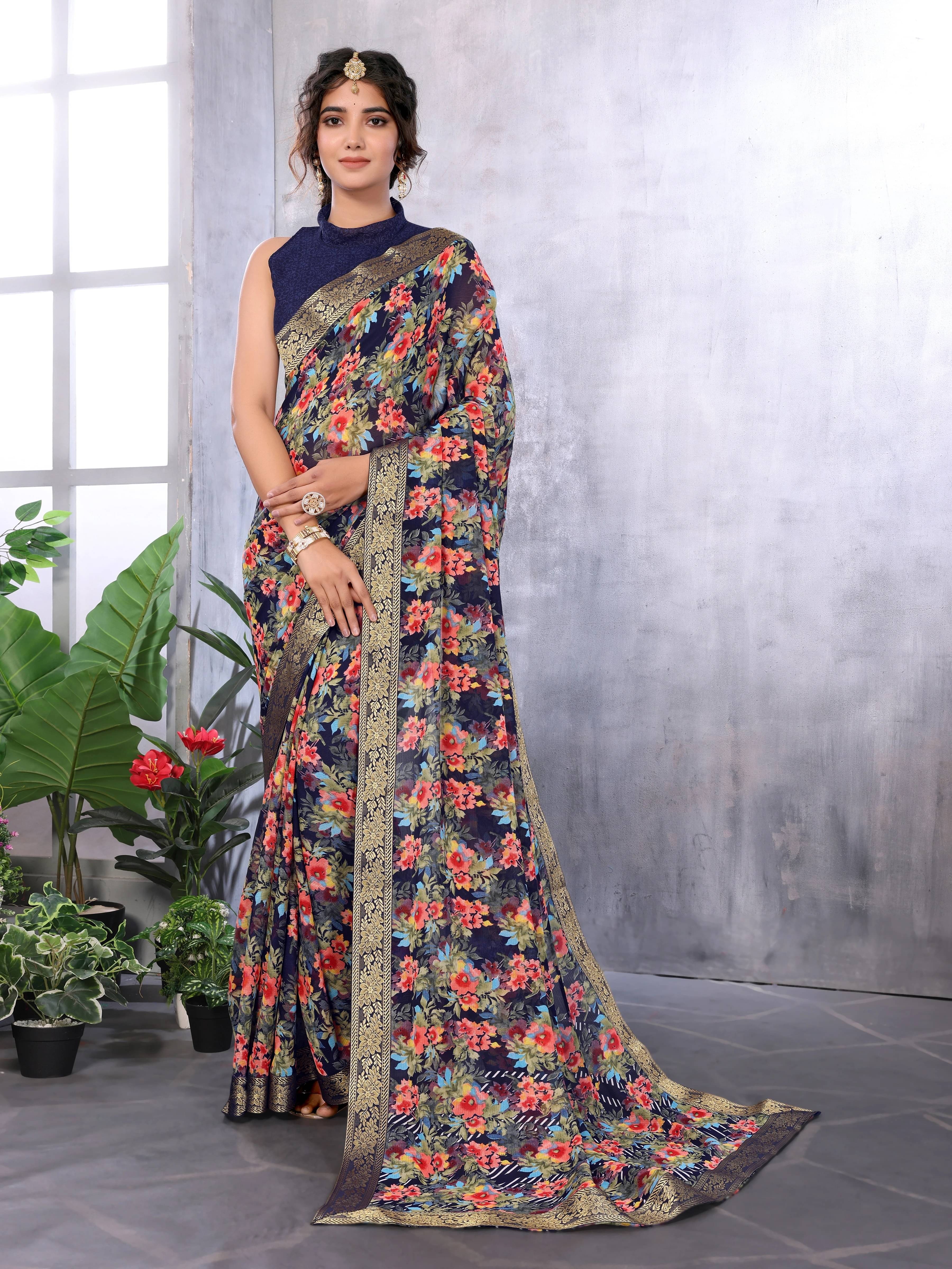 Yashika Georgette Printed Regular Saree With Unstitched Blouse Piece ( Blue ) Yashika Georgette Printed Regular Saree With Unstitched Blouse Piece ( Blue )