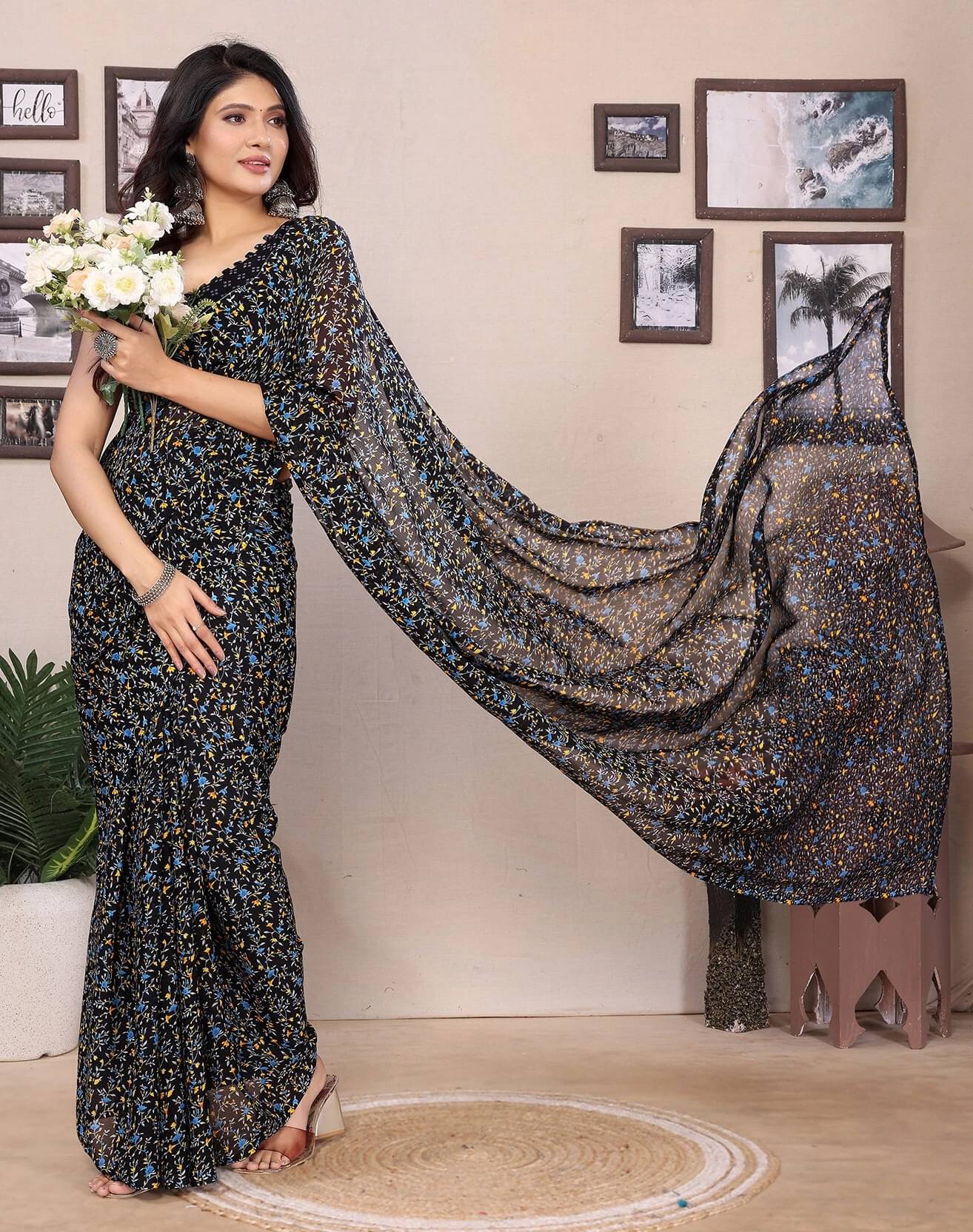     			Yashika Georgette Printed Regular Saree With Unstitched Blouse Piece ( Black )