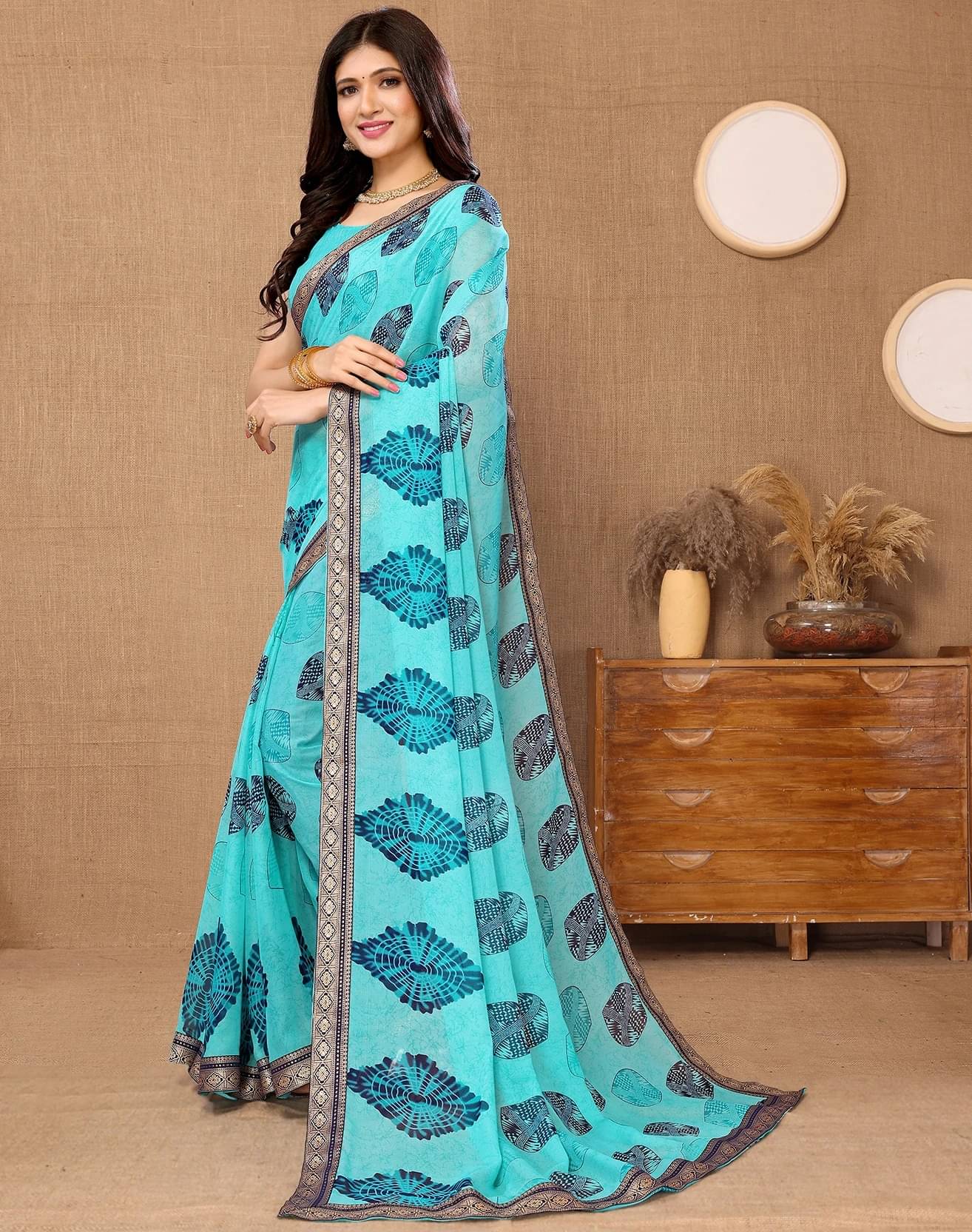     			Yashika Georgette Printed Regular Saree With Unstitched Blouse Piece ( Blue )