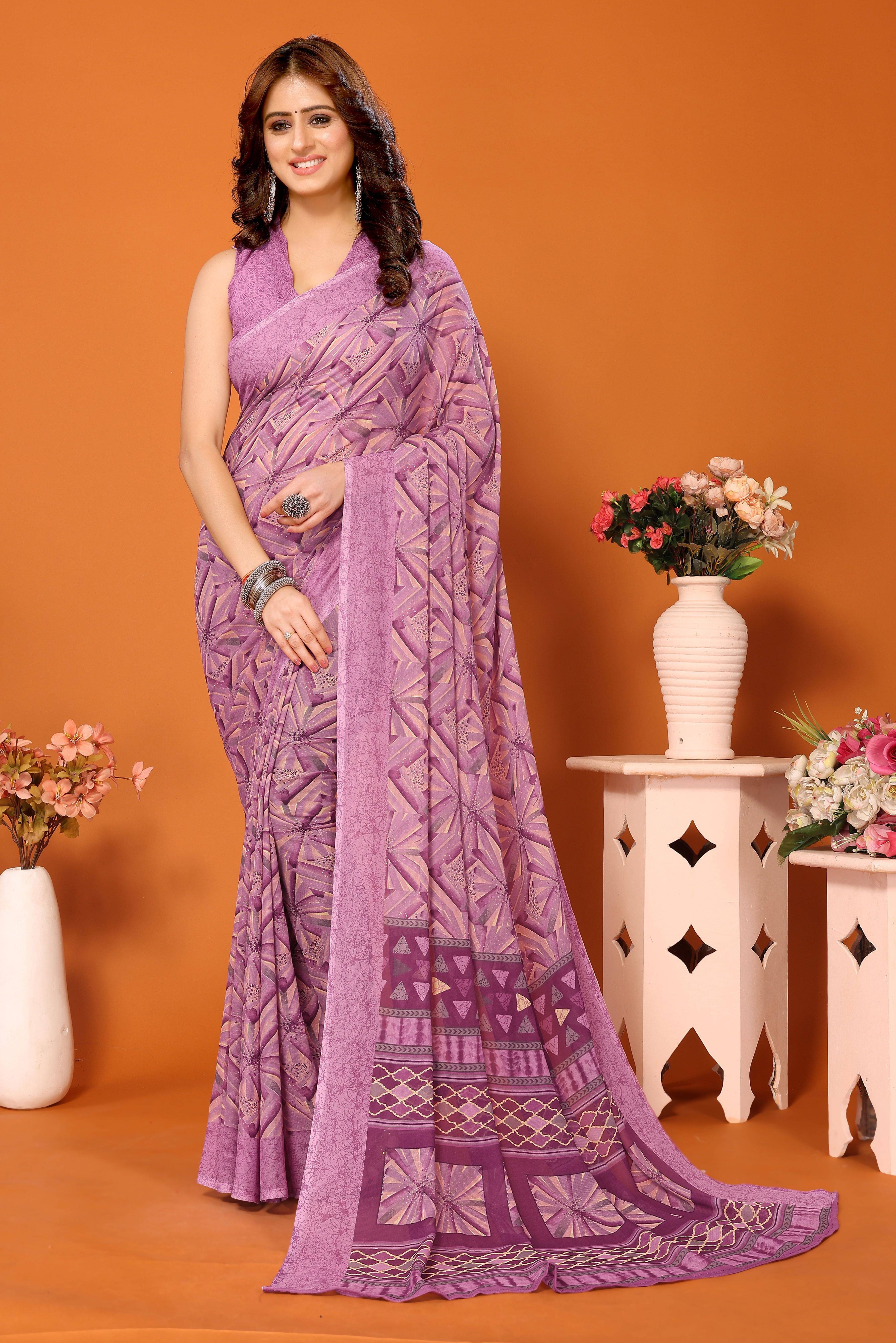 Yashika Georgette Printed Regular Saree With Unstitched Blouse Piece ( Purple ) Yashika Georgette Printed Regular Saree With Unstitched Blouse Piece ( Purple )
