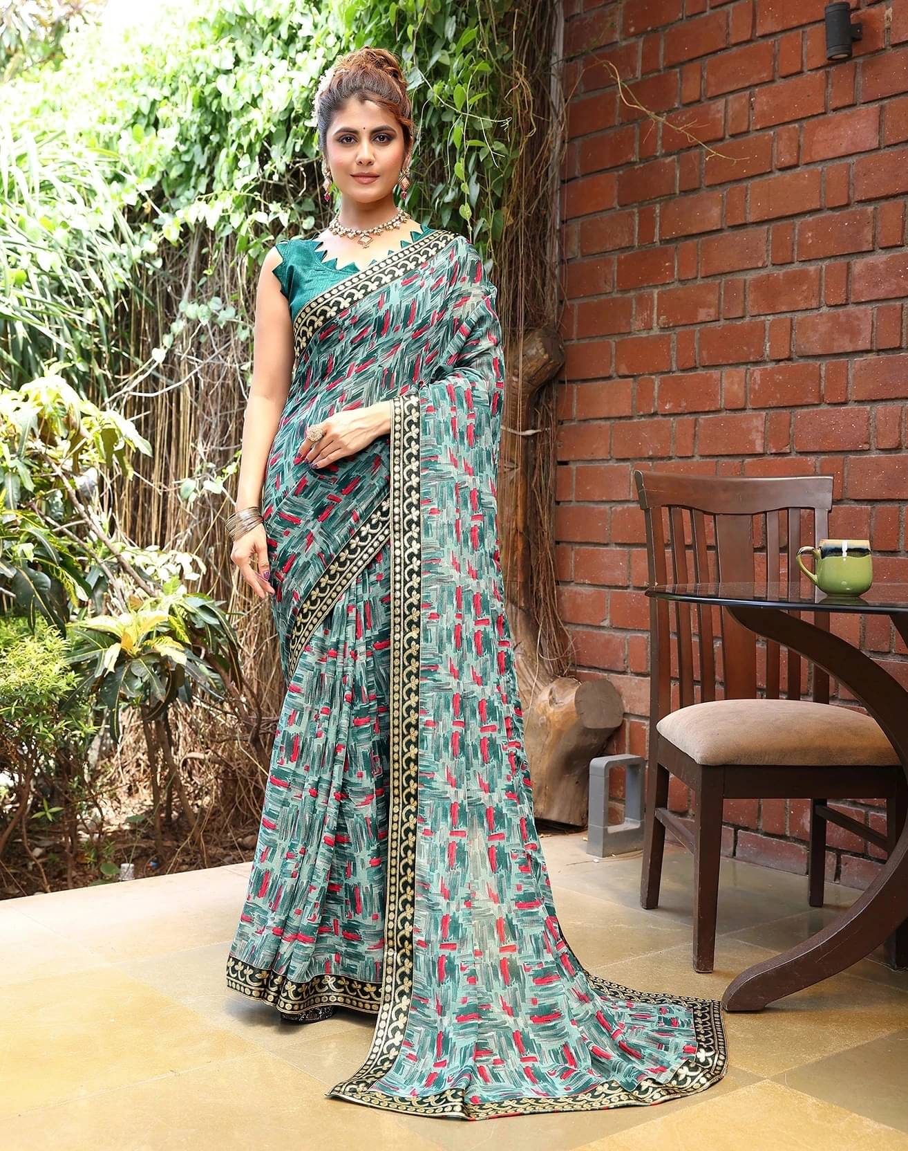    			Yashika Georgette Printed Regular Saree With Unstitched Blouse Piece ( Green )