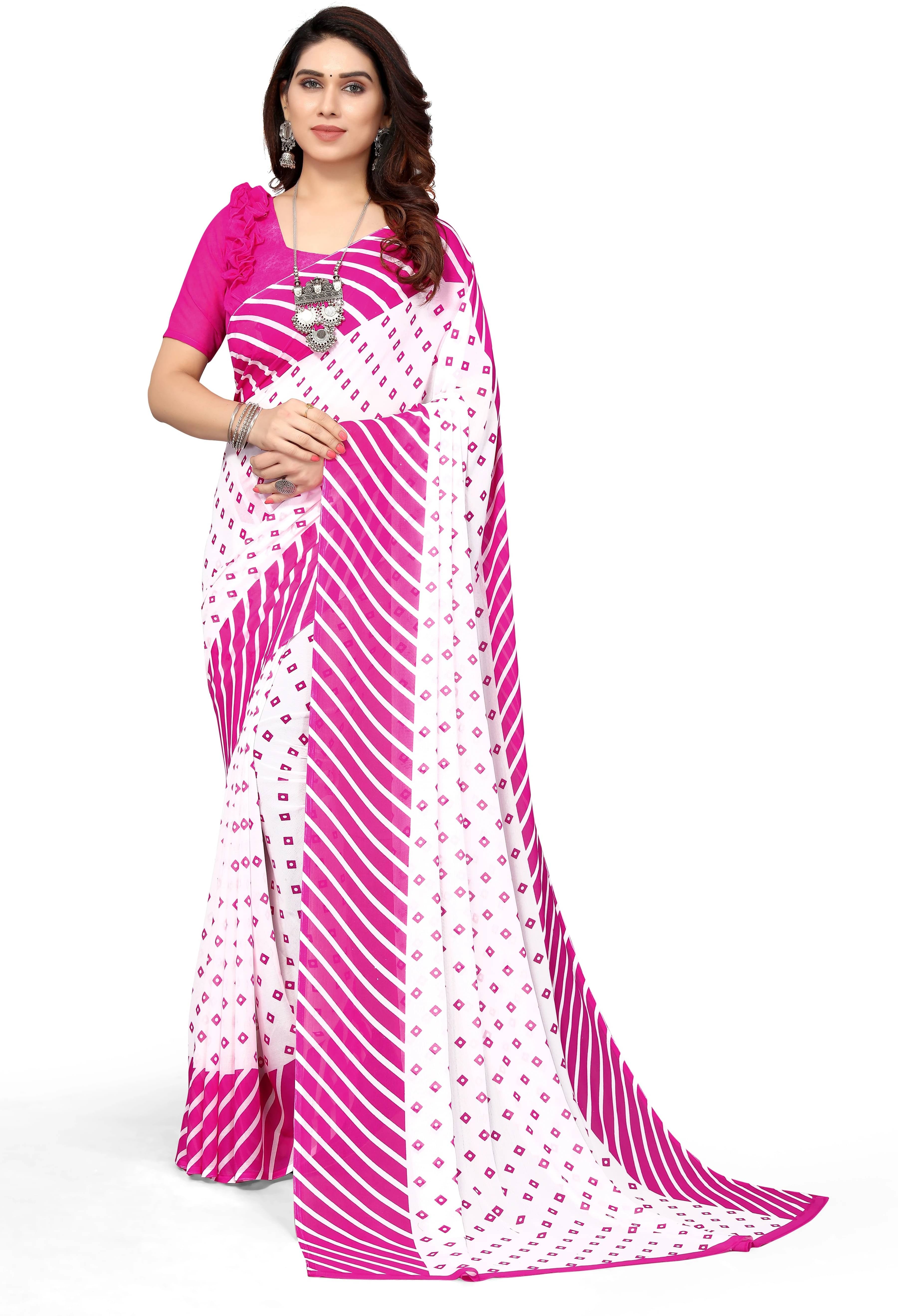 Yashika Georgette Printed Regular Saree With Unstitched Blouse Piece ( Pink ) Yashika Georgette Printed Regular Saree With Unstitched Blouse Piece ( Pink )