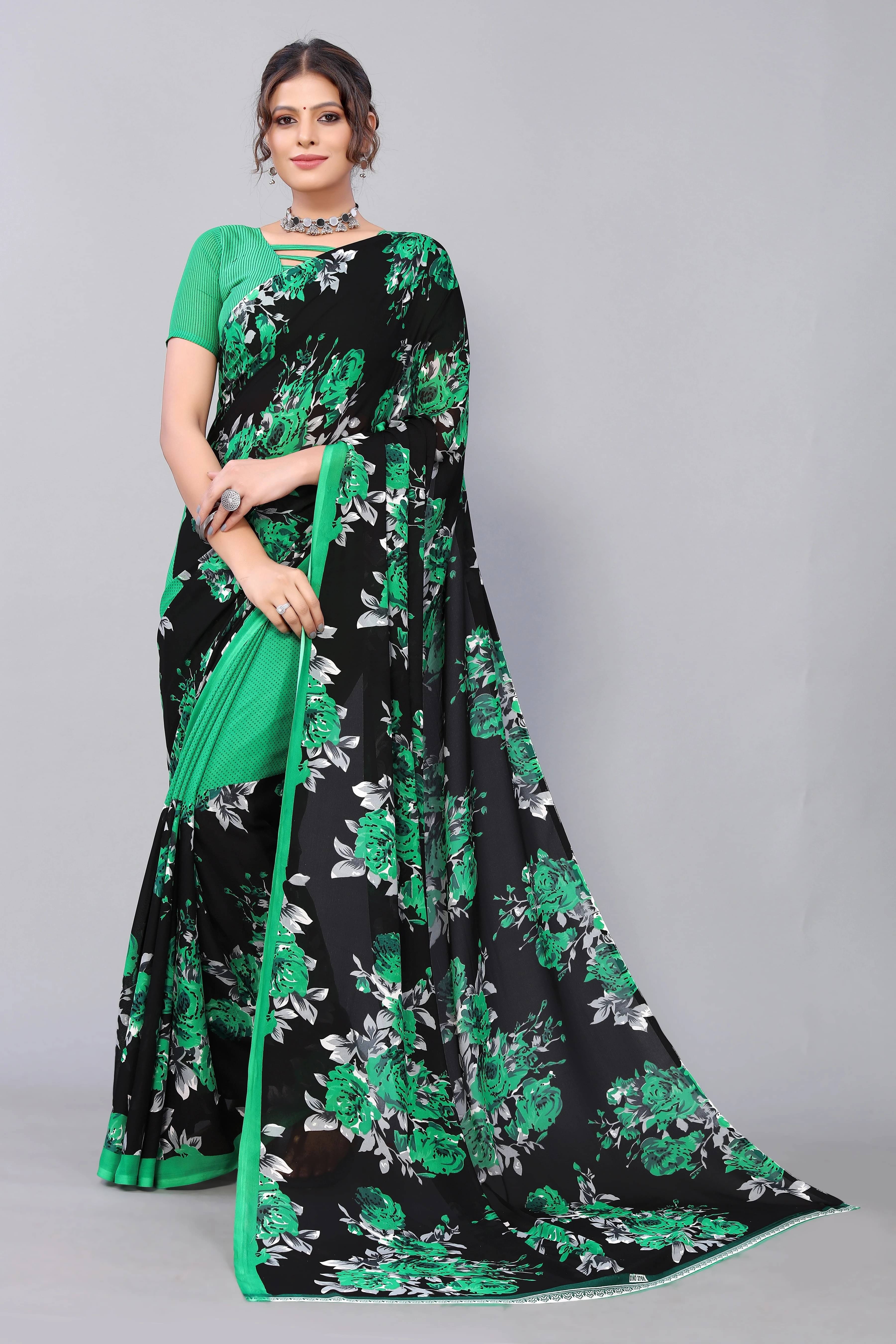Yashika Georgette Printed Regular Saree With Unstitched Blouse Piece ( Green )     			Yashika Georgette Printed Regular Saree With Unstitched Blouse Piece ( Green )