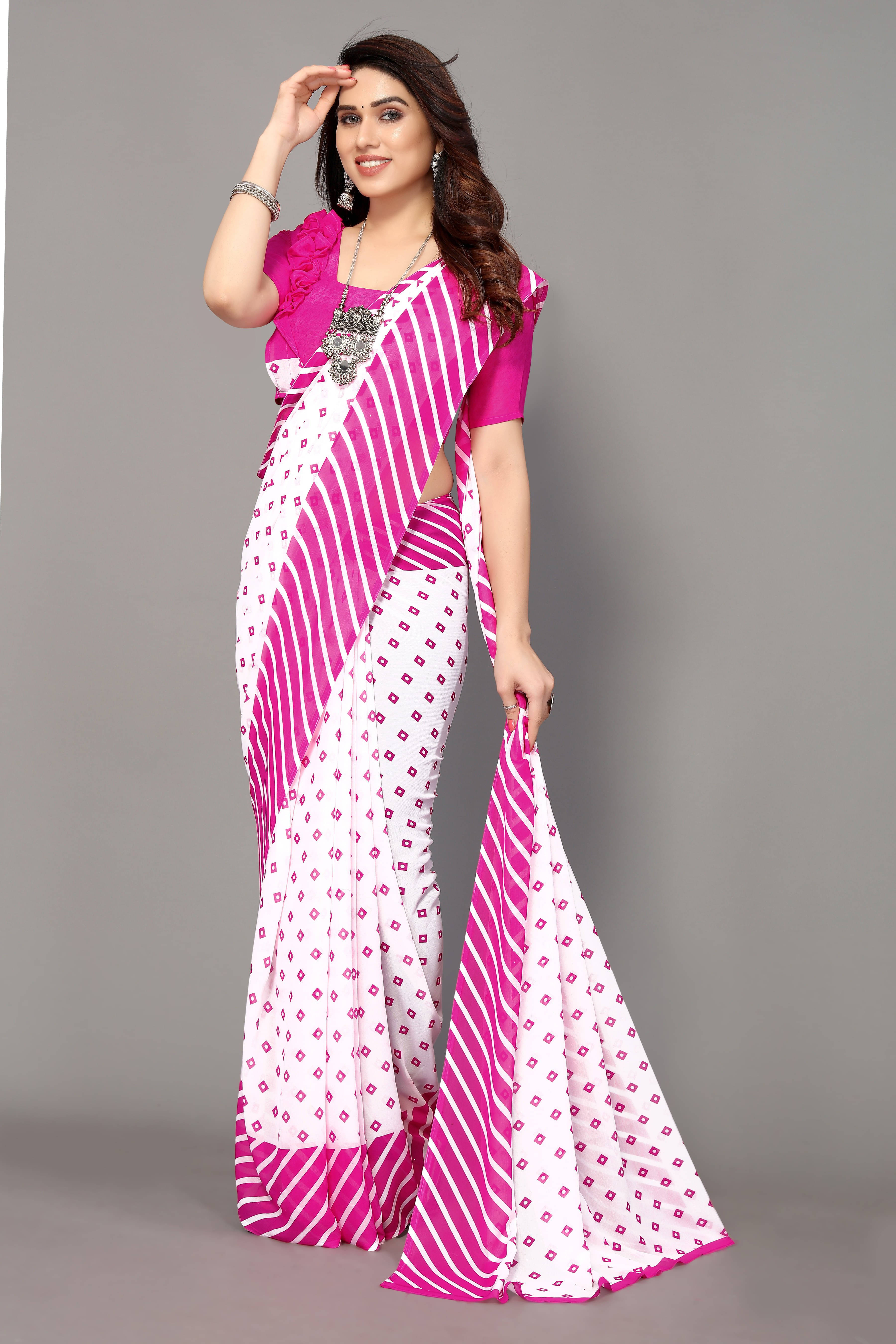 Yashika Georgette Printed Regular Saree With Unstitched Blouse Piece ( Pink ) Yashika Georgette Printed Regular Saree With Unstitched Blouse Piece ( Pink )