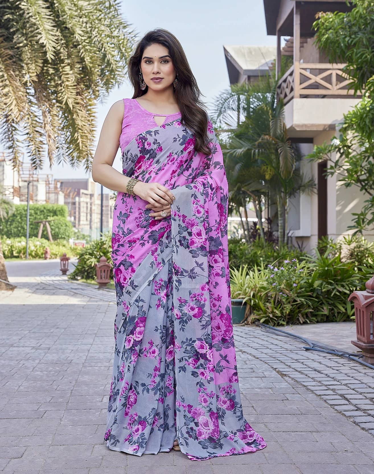 Yashika Georgette Printed Regular Saree With Unstitched Blouse Piece ( Pink ) - Sarees | Buy online on ZillyBuy