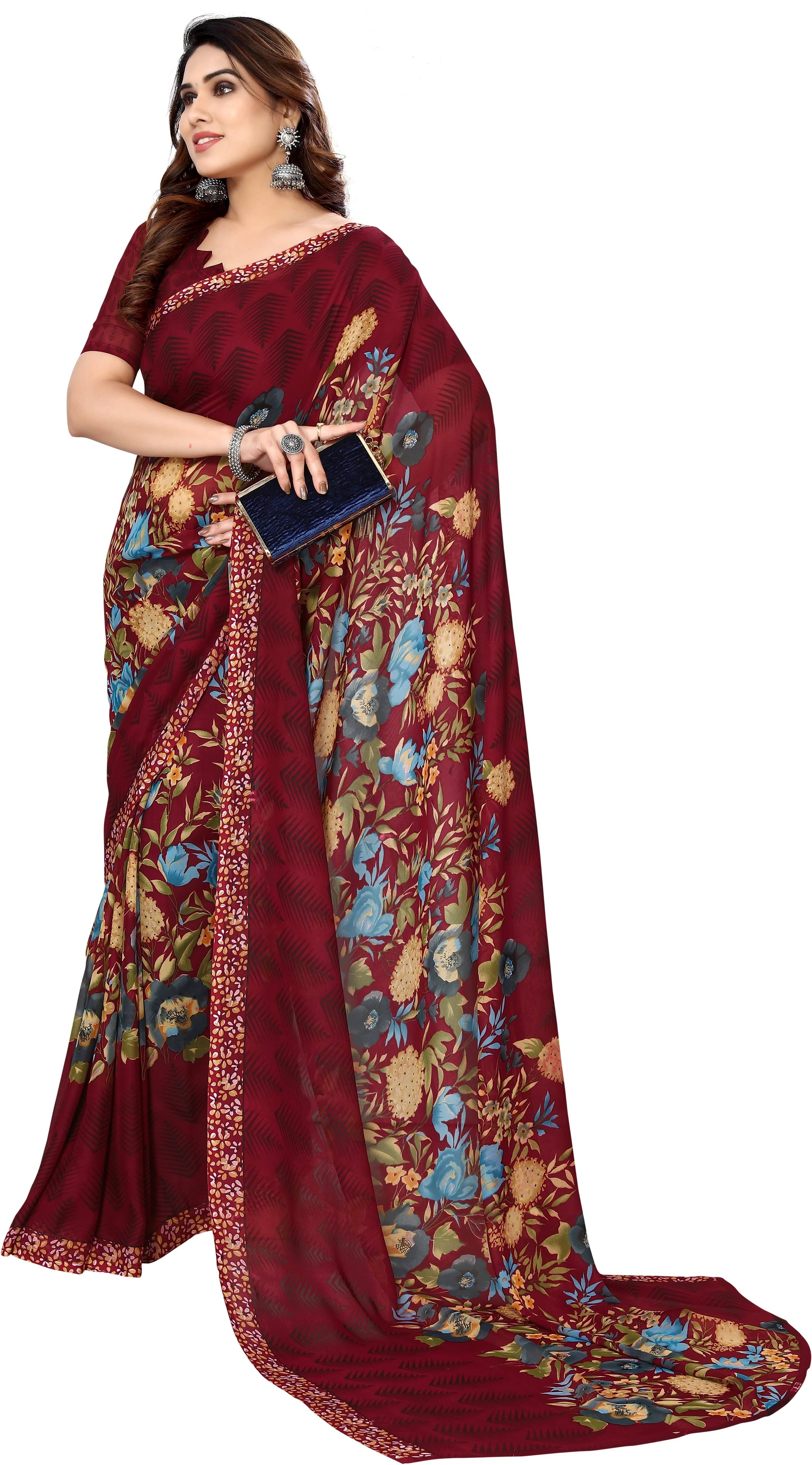     			Yashika Georgette Printed Regular Saree With Unstitched Blouse Piece ( Maroon )