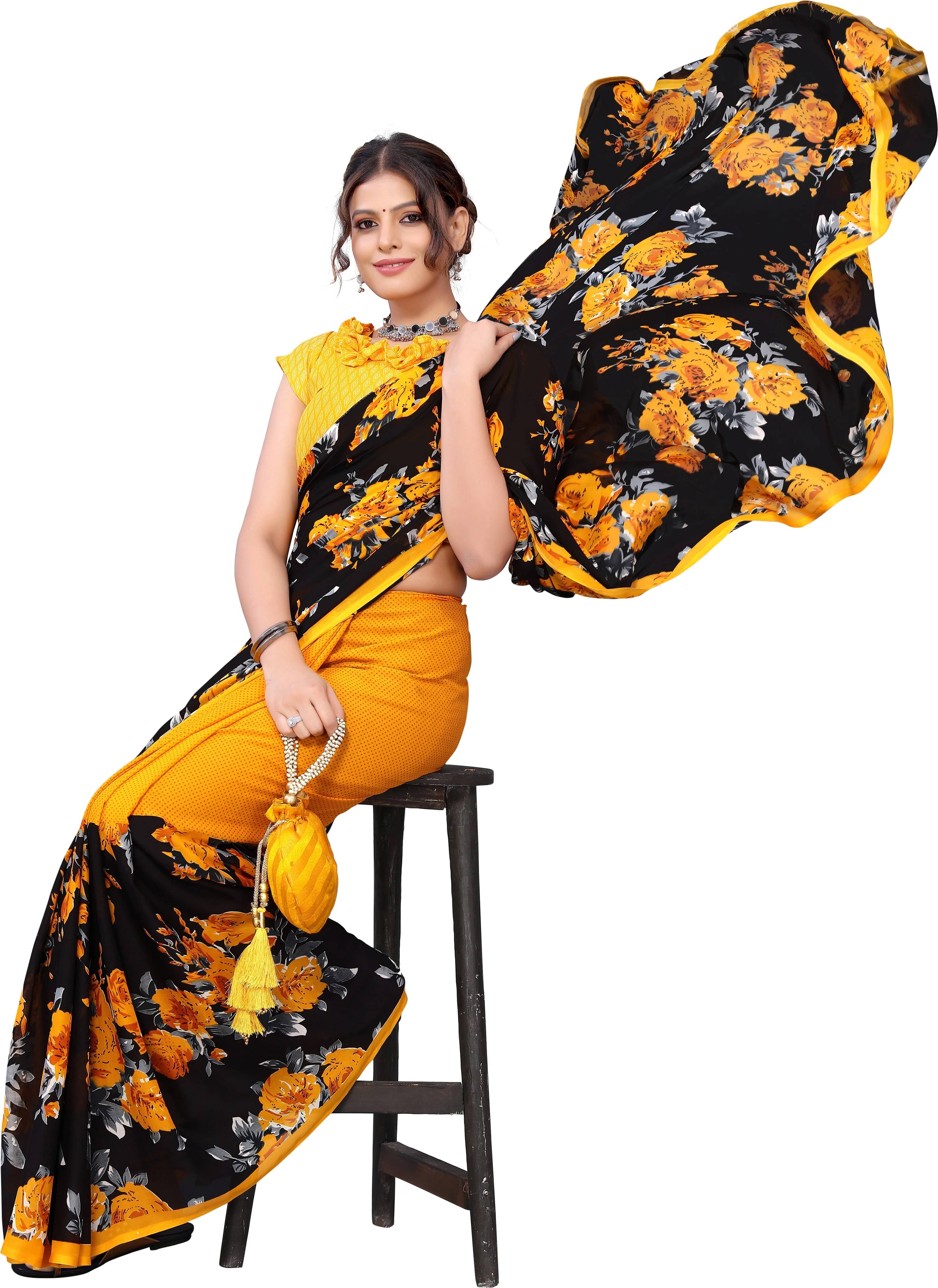 Yashika Georgette Printed Regular Saree With Unstitched Blouse Piece ( Yellow ) Yashika Georgette Printed Regular Saree With Unstitched Blouse Piece ( Yellow )