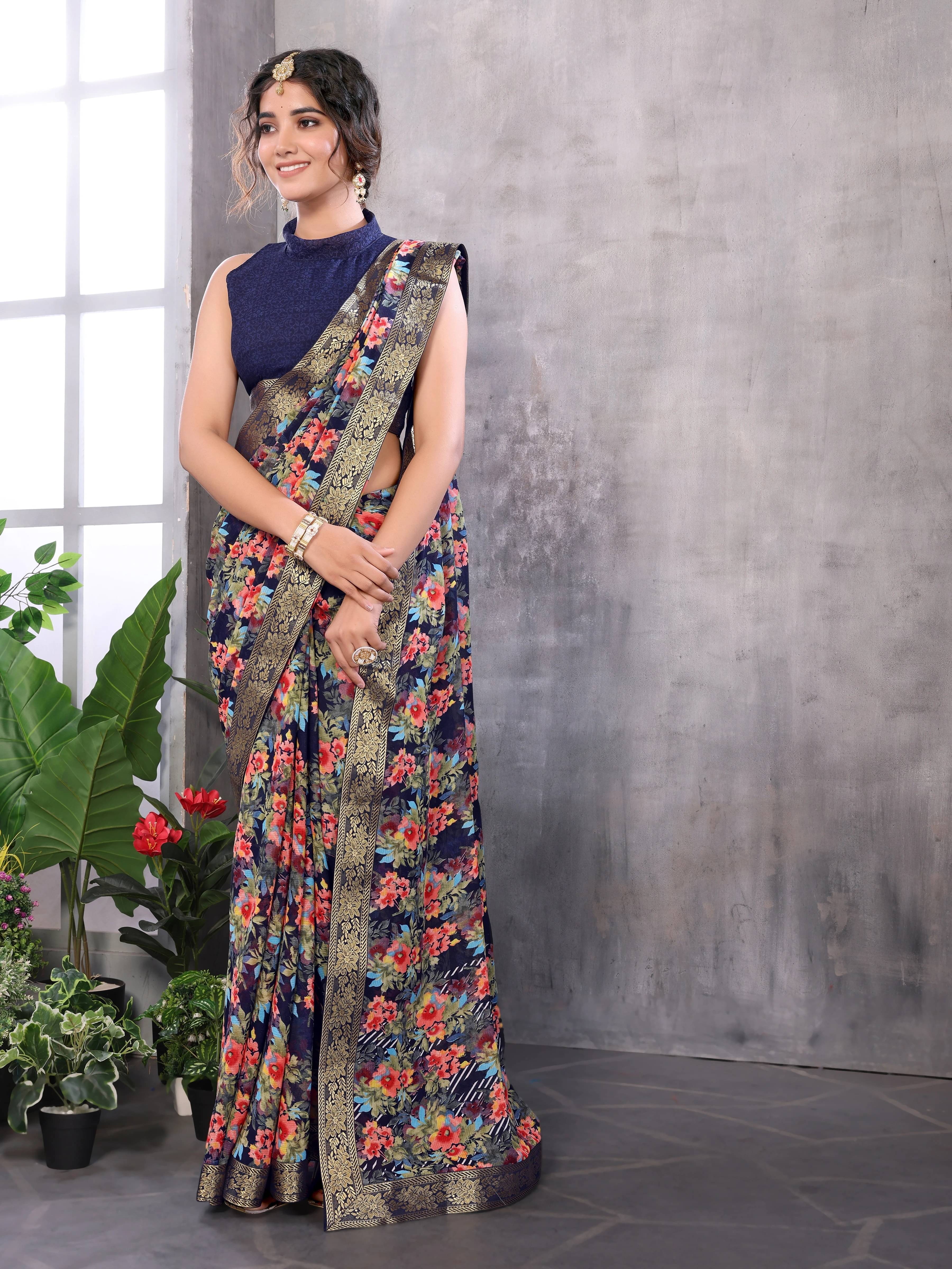Yashika Georgette Printed Regular Saree With Unstitched Blouse Piece ( Blue ) Yashika Georgette Printed Regular Saree With Unstitched Blouse Piece ( Blue )