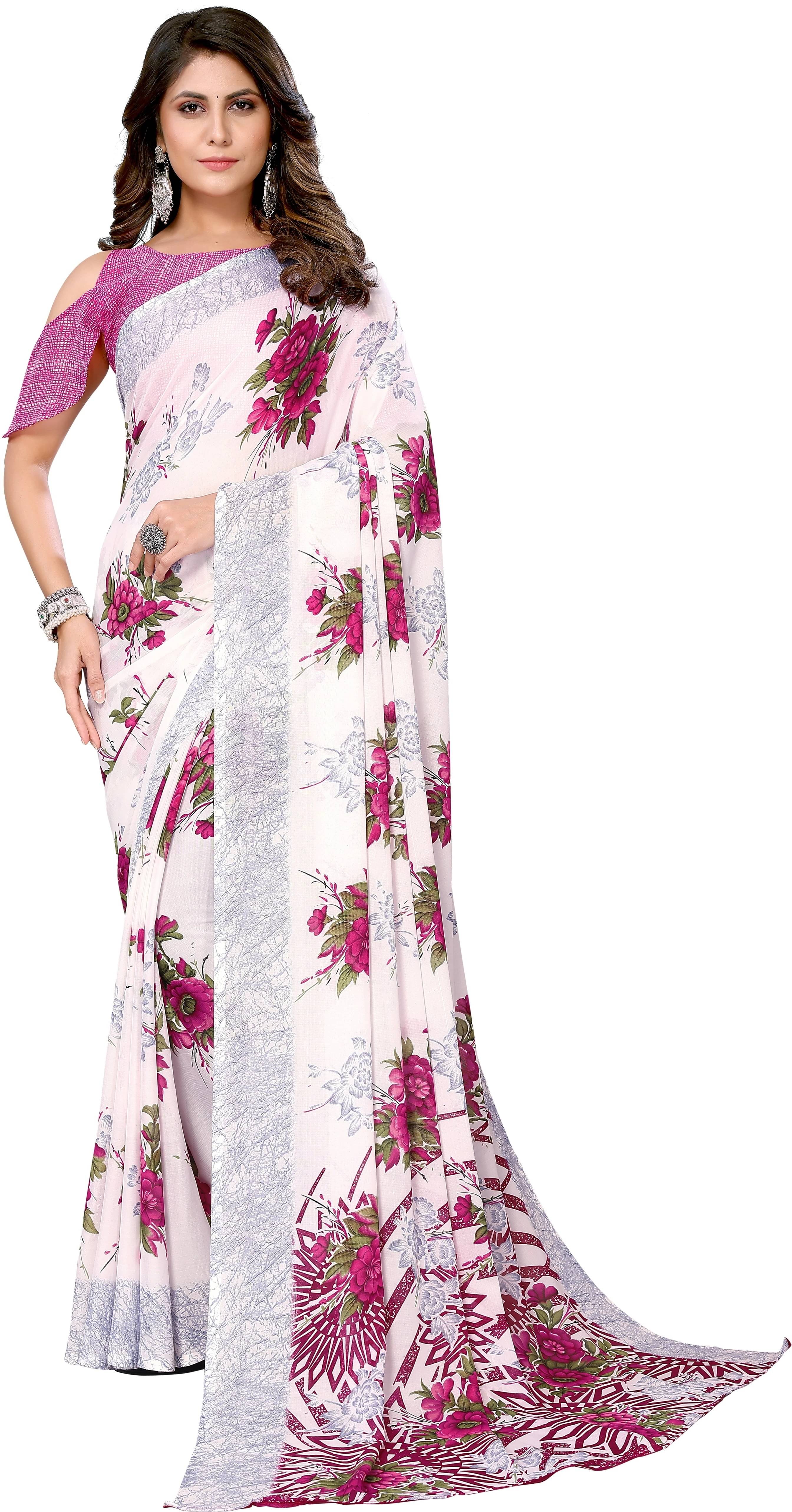 Yashika Georgette Printed Regular Saree With Unstitched Blouse Piece ( Purple )     			Yashika Georgette Printed Regular Saree With Unstitched Blouse Piece ( Purple )