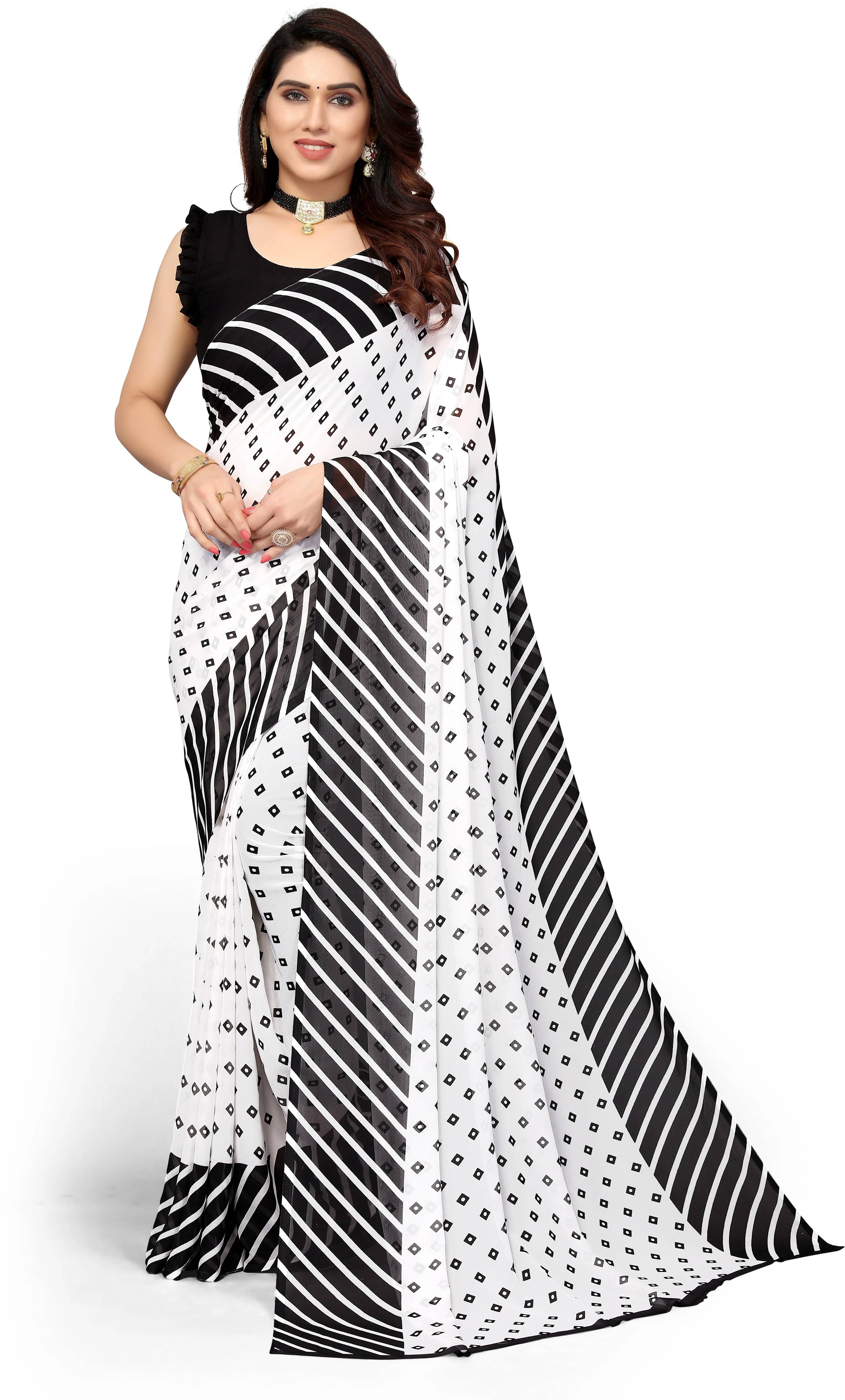     			Yashika Georgette Printed Regular Saree With Unstitched Blouse Piece ( Black )