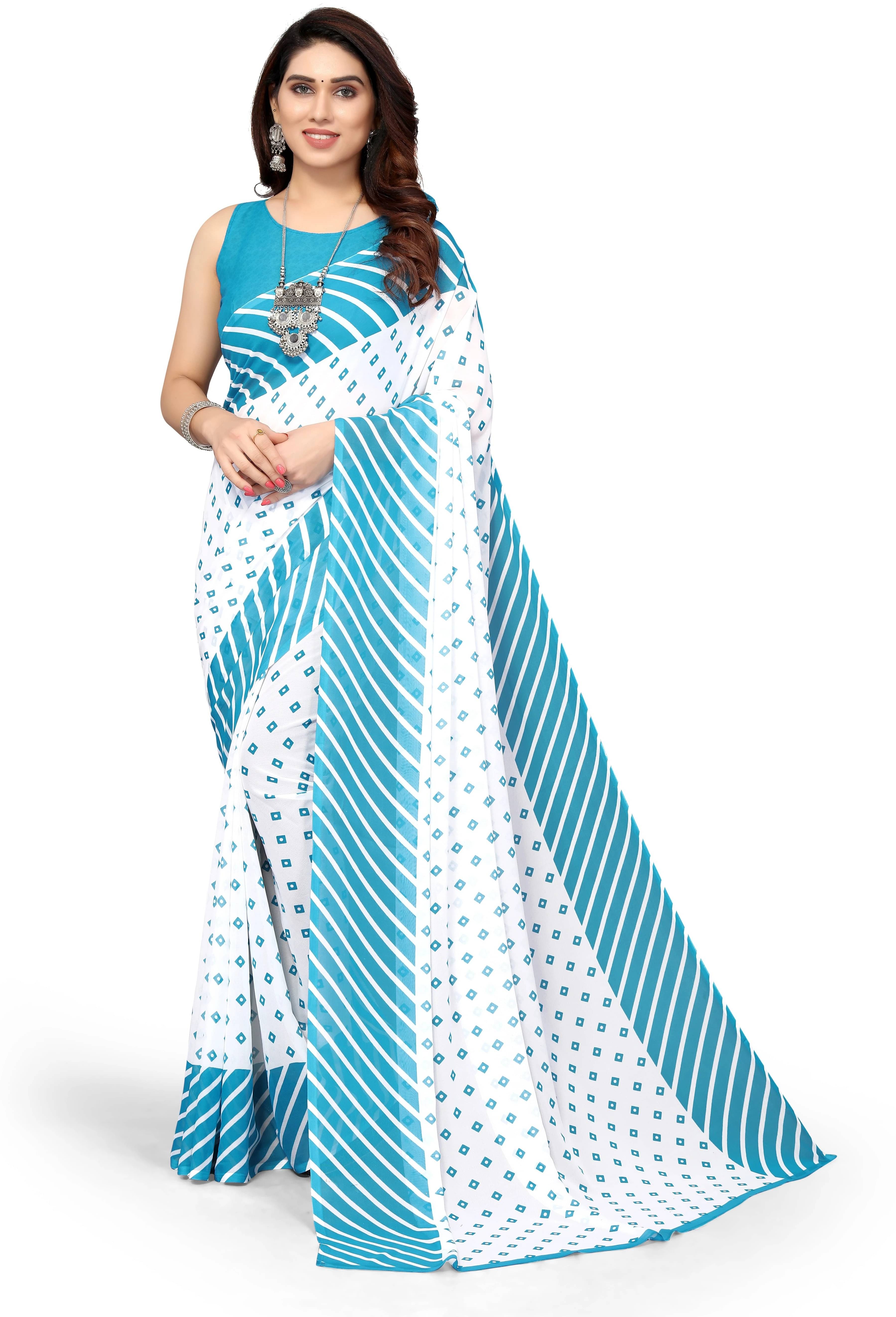     			Yashika Georgette Printed Regular Saree With Unstitched Blouse Piece ( Light Blue )