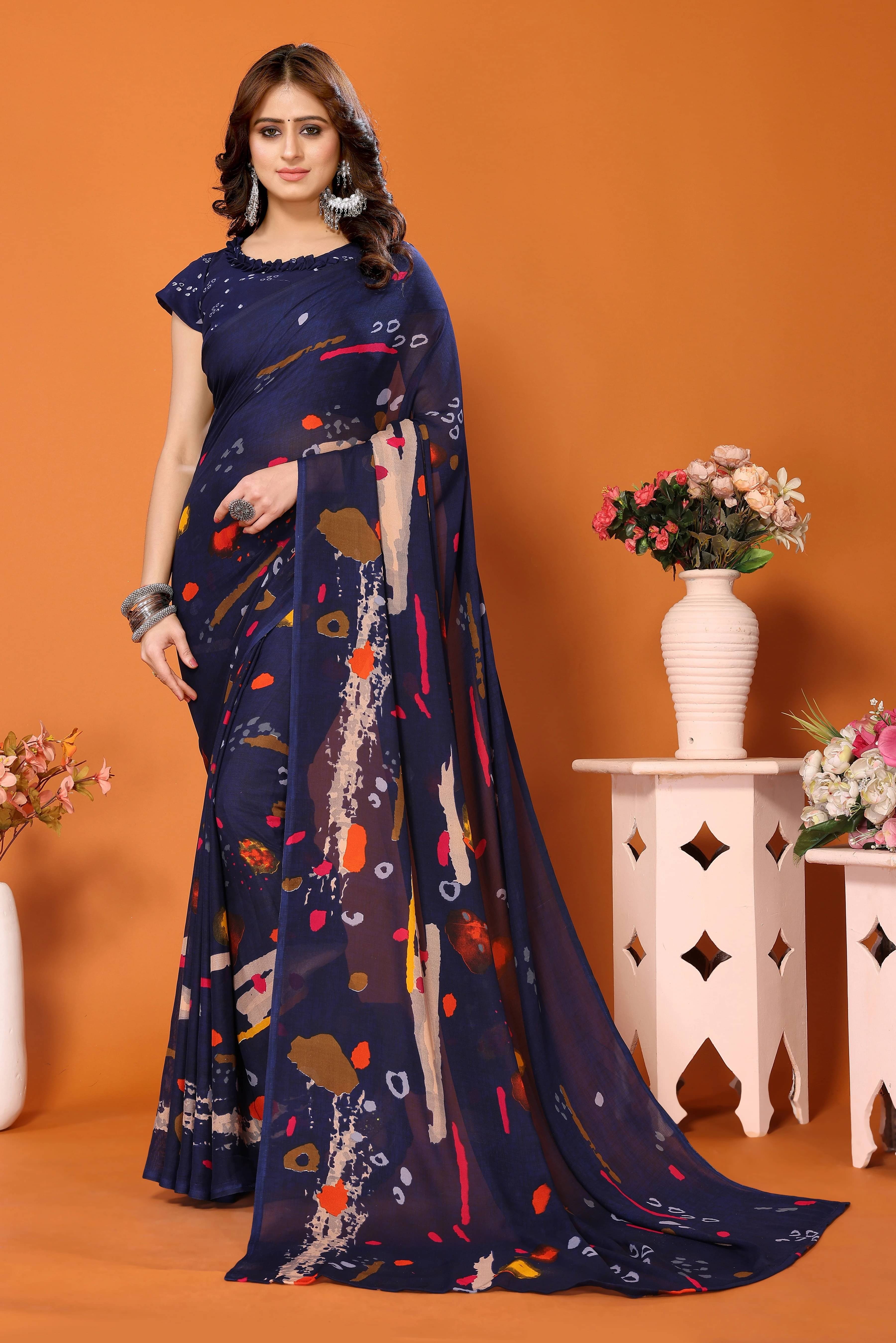     			Yashika Georgette Printed Regular Saree With Unstitched Blouse Piece ( Navy Blue )