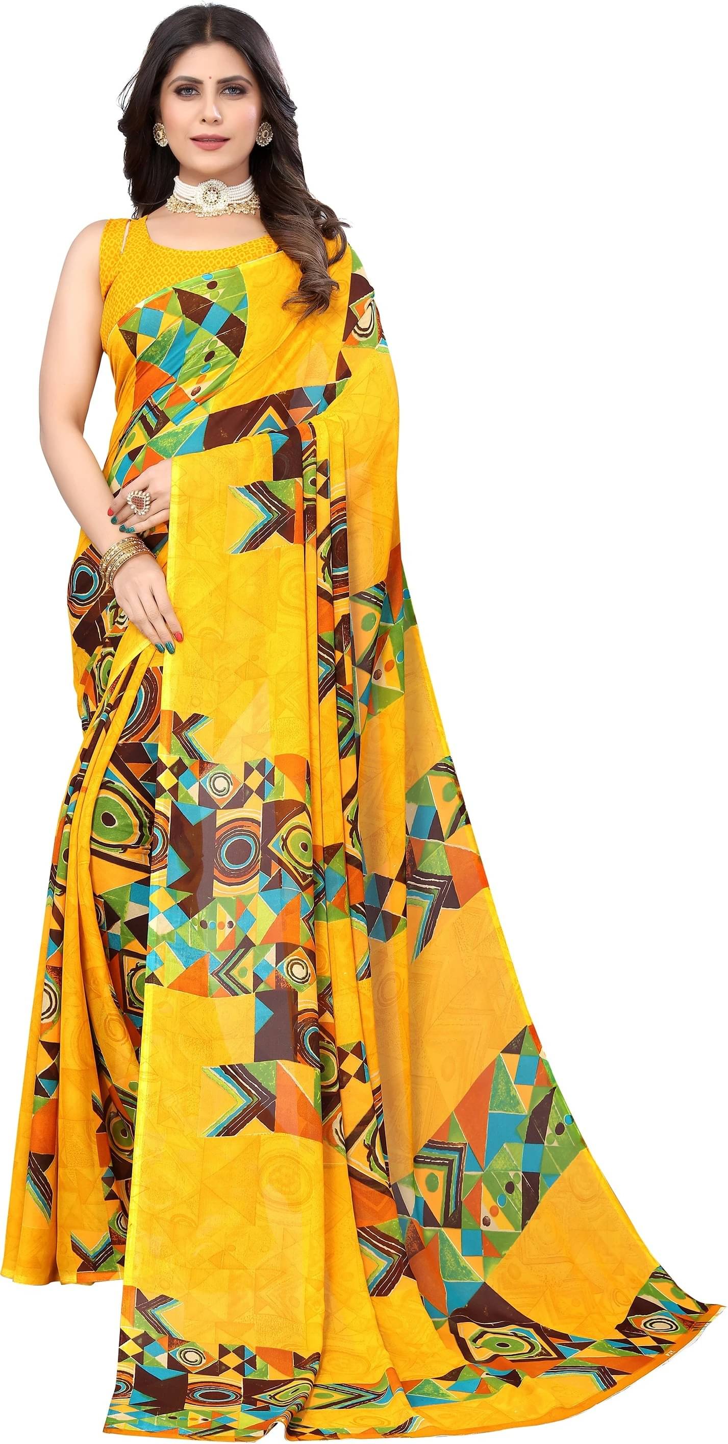 Yashika Georgette Printed Regular Saree With Unstitched Blouse Piece ( Yellow ) Yashika Georgette Printed Regular Saree With Unstitched Blouse Piece ( Yellow )