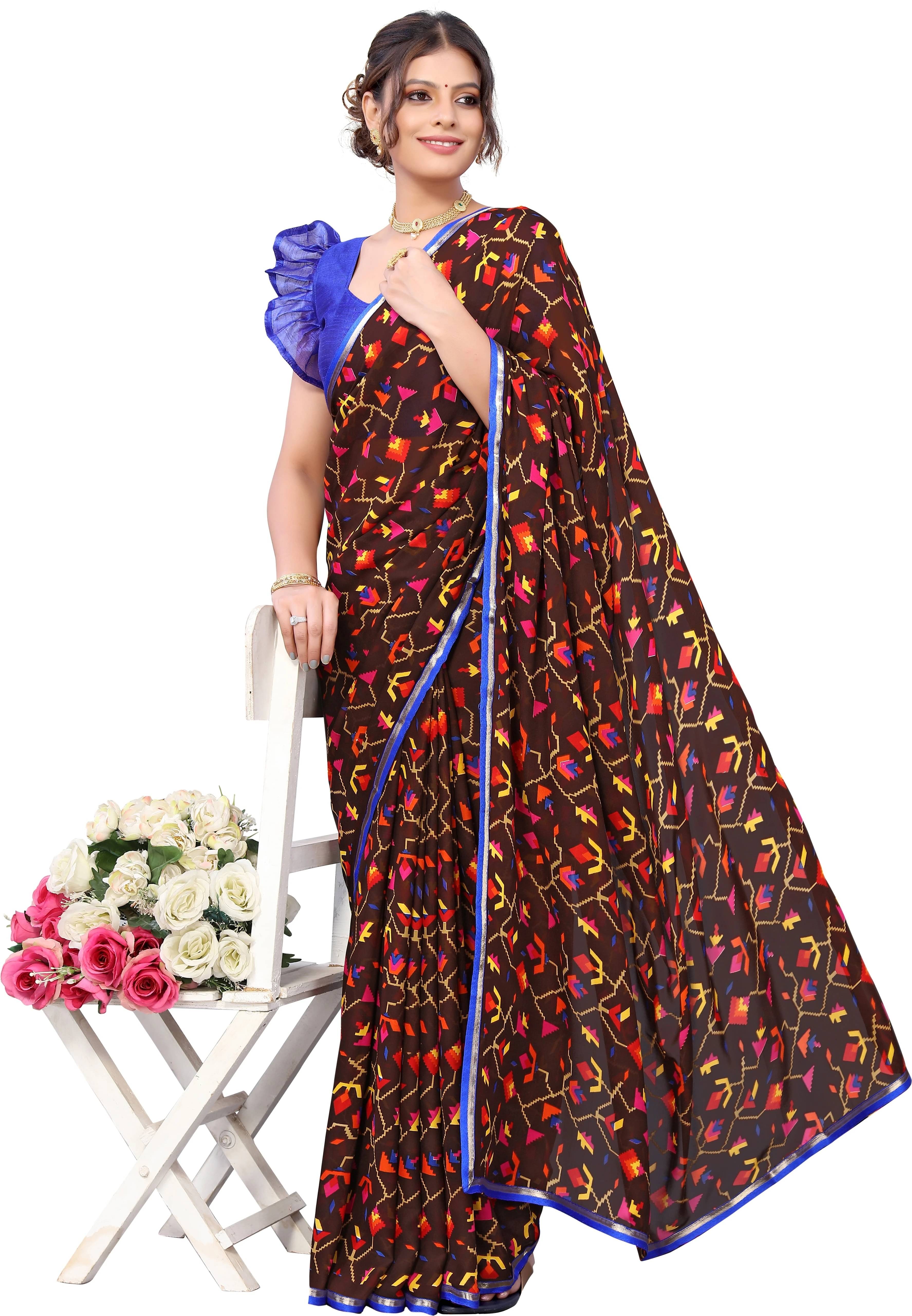 Yashika Georgette Printed Regular Saree With Unstitched Blouse Piece ( Brown ) Yashika Georgette Printed Regular Saree With Unstitched Blouse Piece ( Brown )