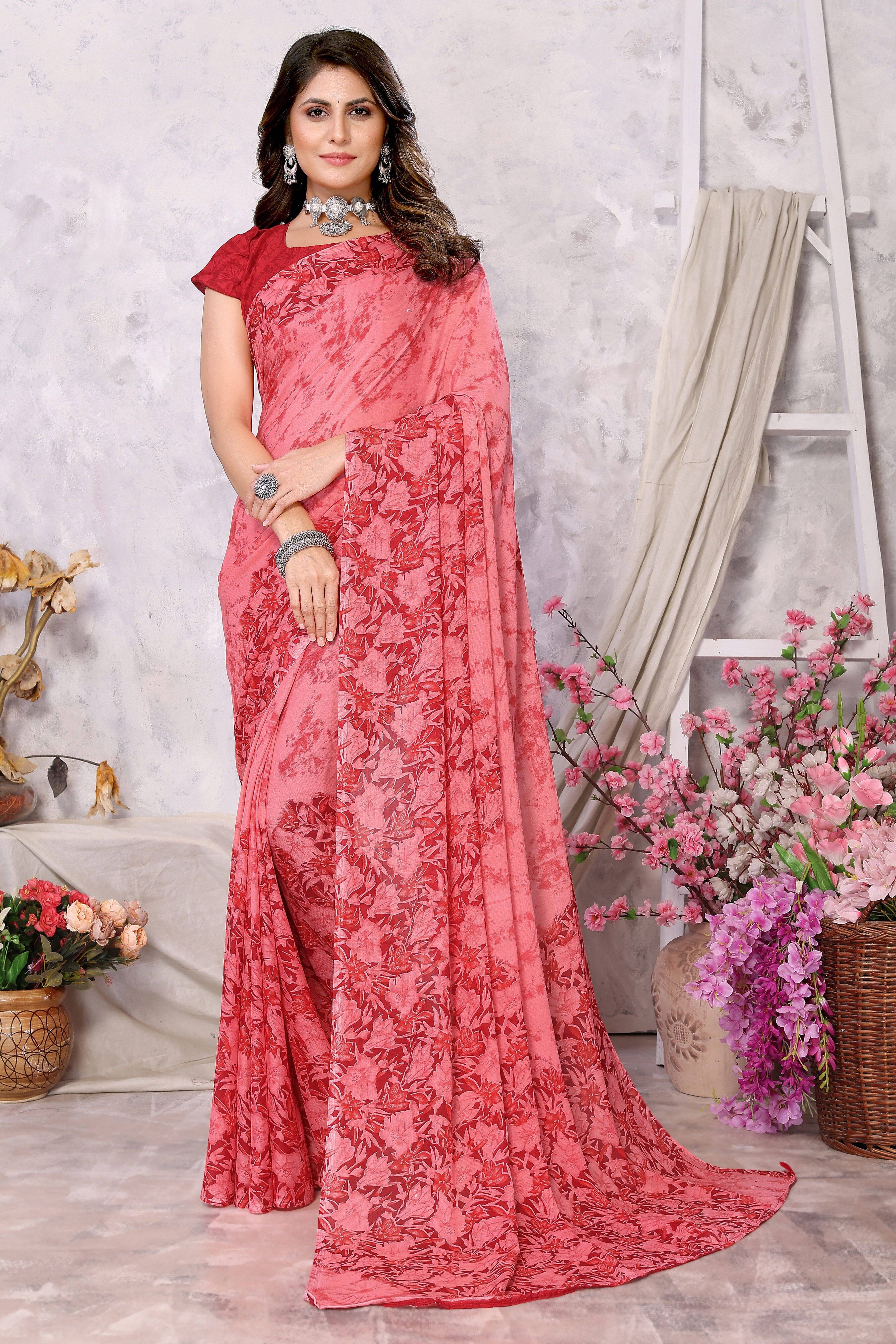 Yashika Georgette Printed Regular Saree With Unstitched Blouse Piece ( Pink ) Yashika Georgette Printed Regular Saree With Unstitched Blouse Piece ( Pink )