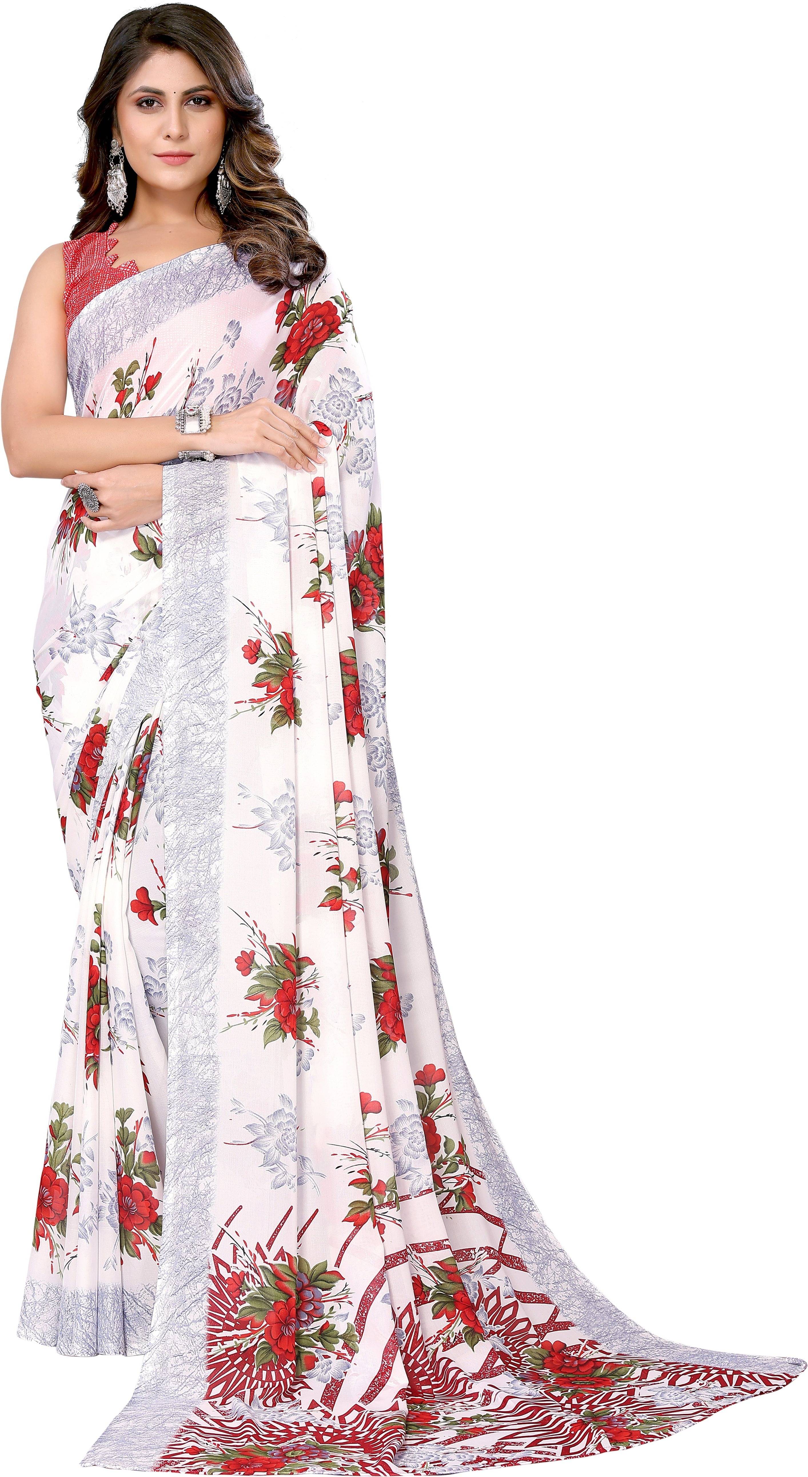     			Yashika Georgette Printed Regular Saree With Unstitched Blouse Piece ( Red )