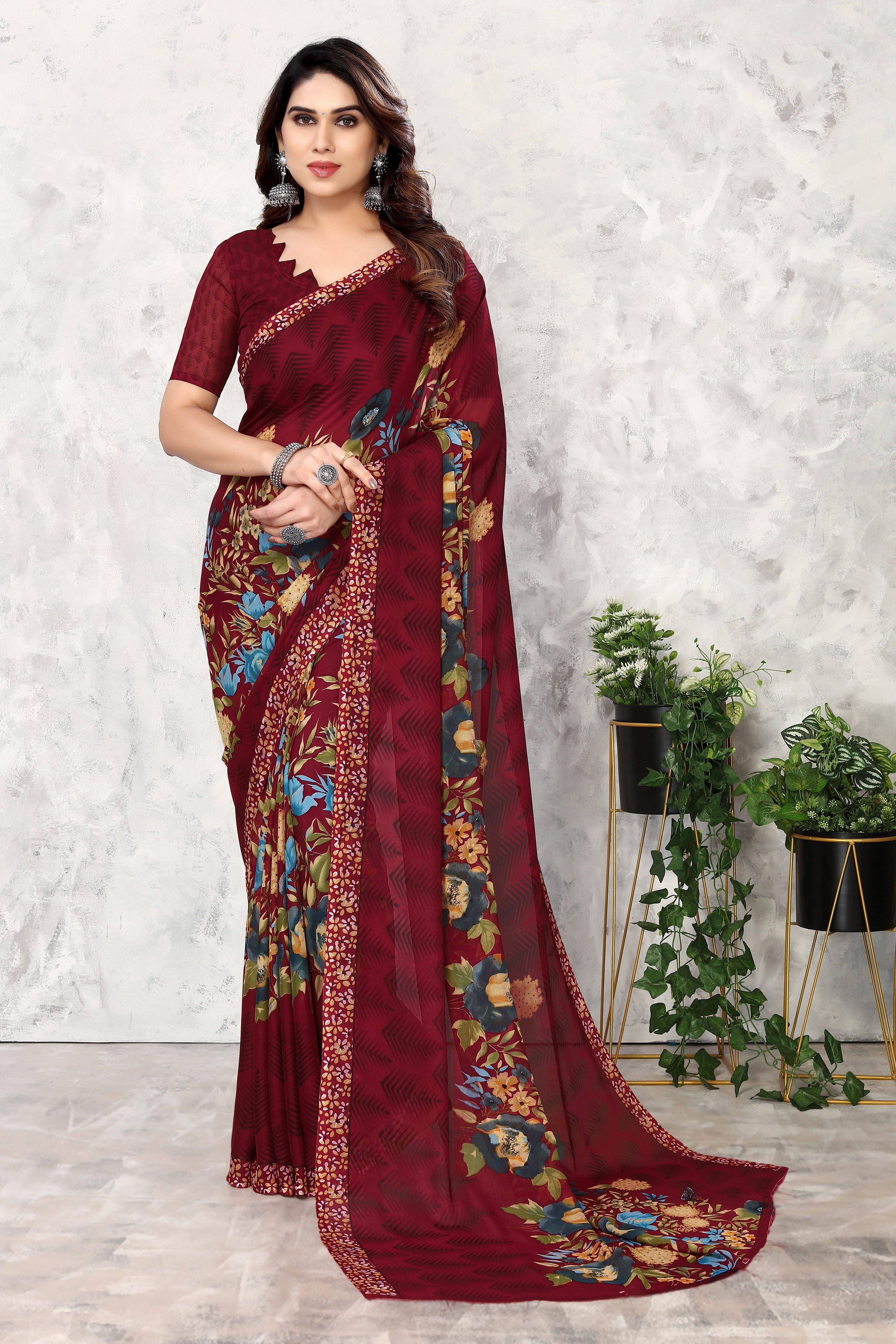 Yashika Georgette Printed Regular Saree With Unstitched Blouse Piece ( Maroon ) Yashika Georgette Printed Regular Saree With Unstitched Blouse Piece ( Maroon )
