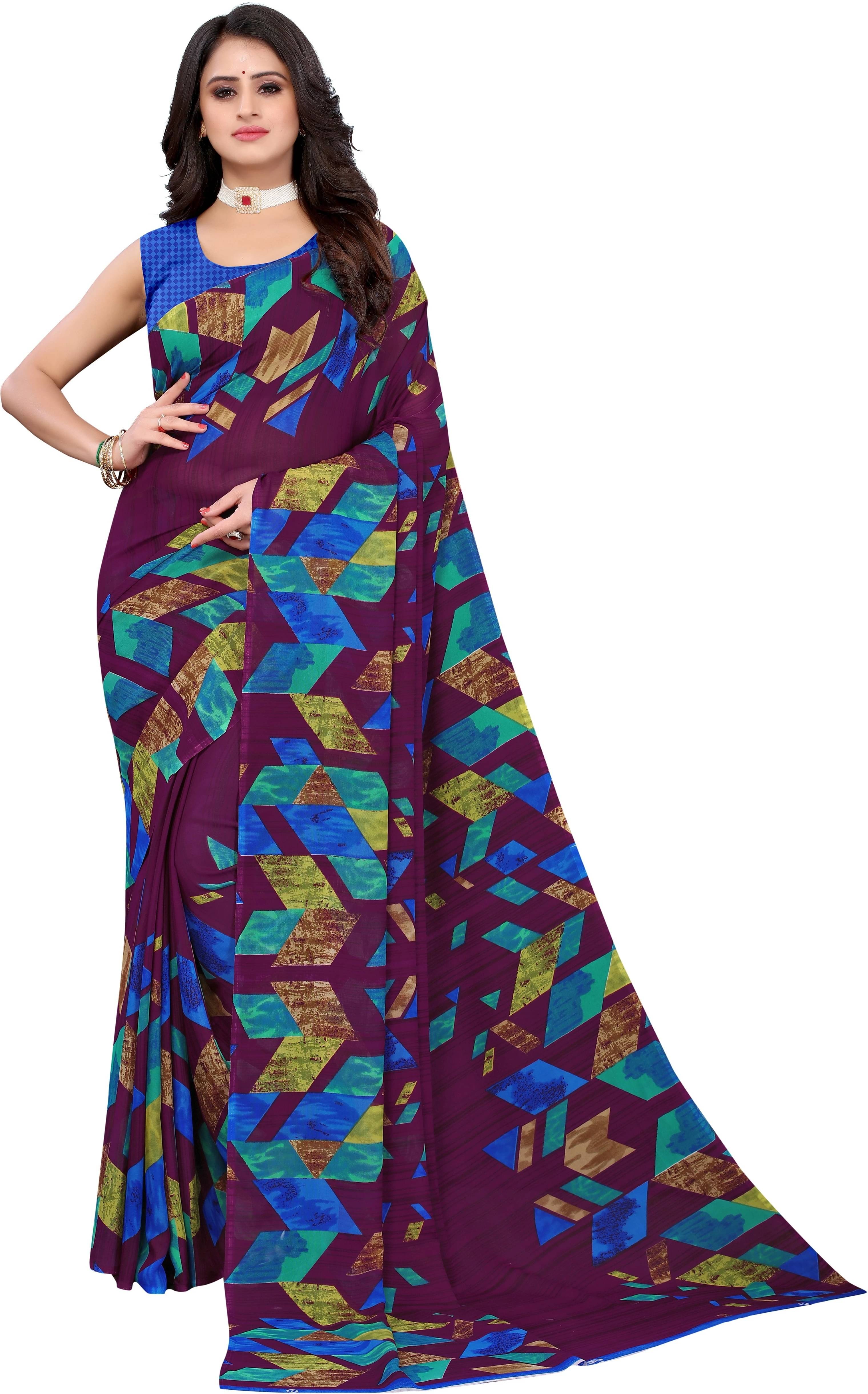     			Yashika Georgette Printed Regular Saree With Unstitched Blouse Piece ( Purple )